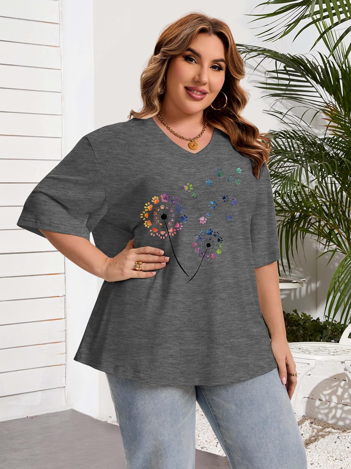 HDLTE Plus Size Tops for Women Oversized Graphic Tshirt V Neck Summer Tees Short Sleeve Casual Loose Fit Blouses