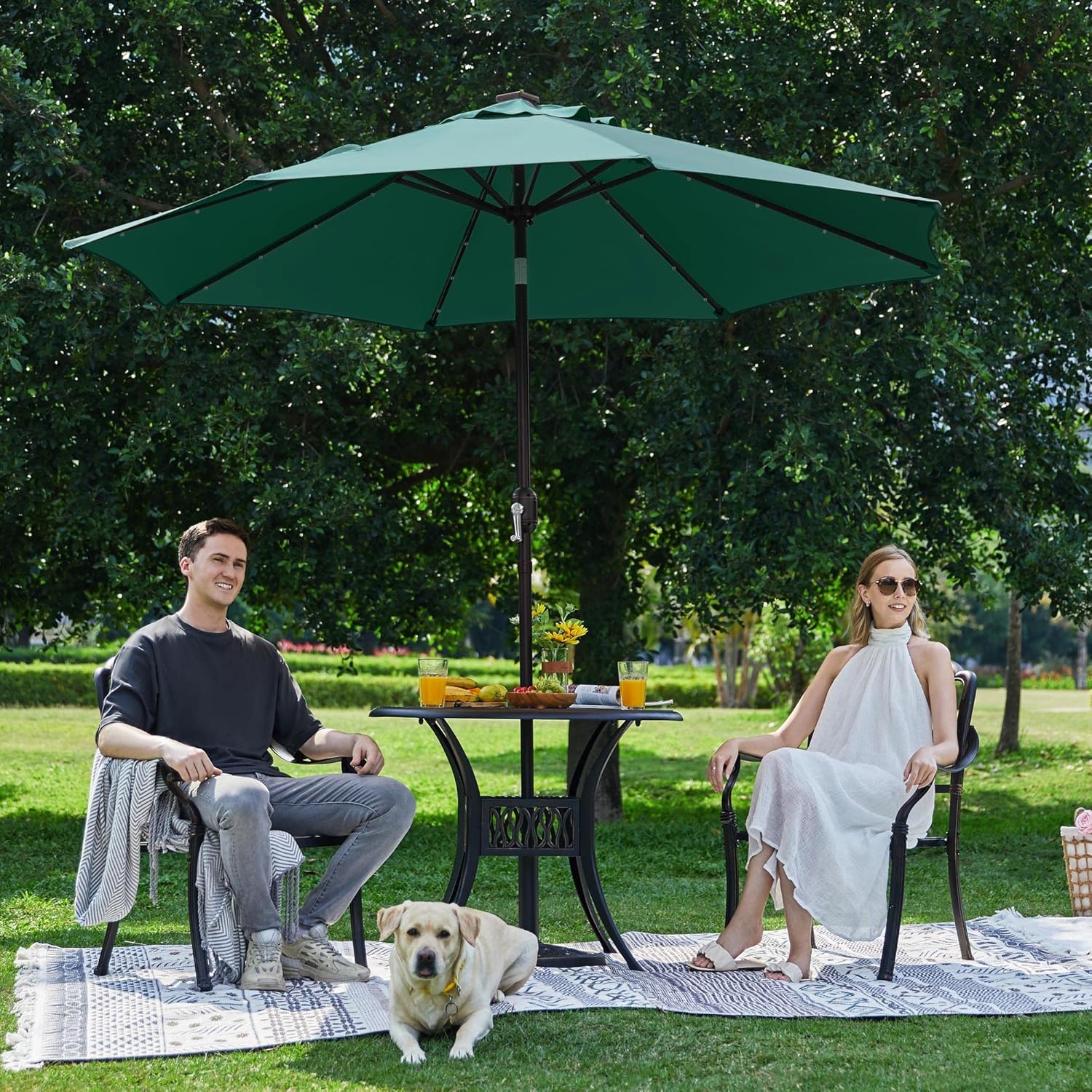 Yaheetech 9FT LED Patio Market Umbrella Solar Outdoor Table Umbrella 8 Ribs with 22lbs Round Base All Weather Stand for Garden/Lawn/Deck/Backyard/Pool Dark Green