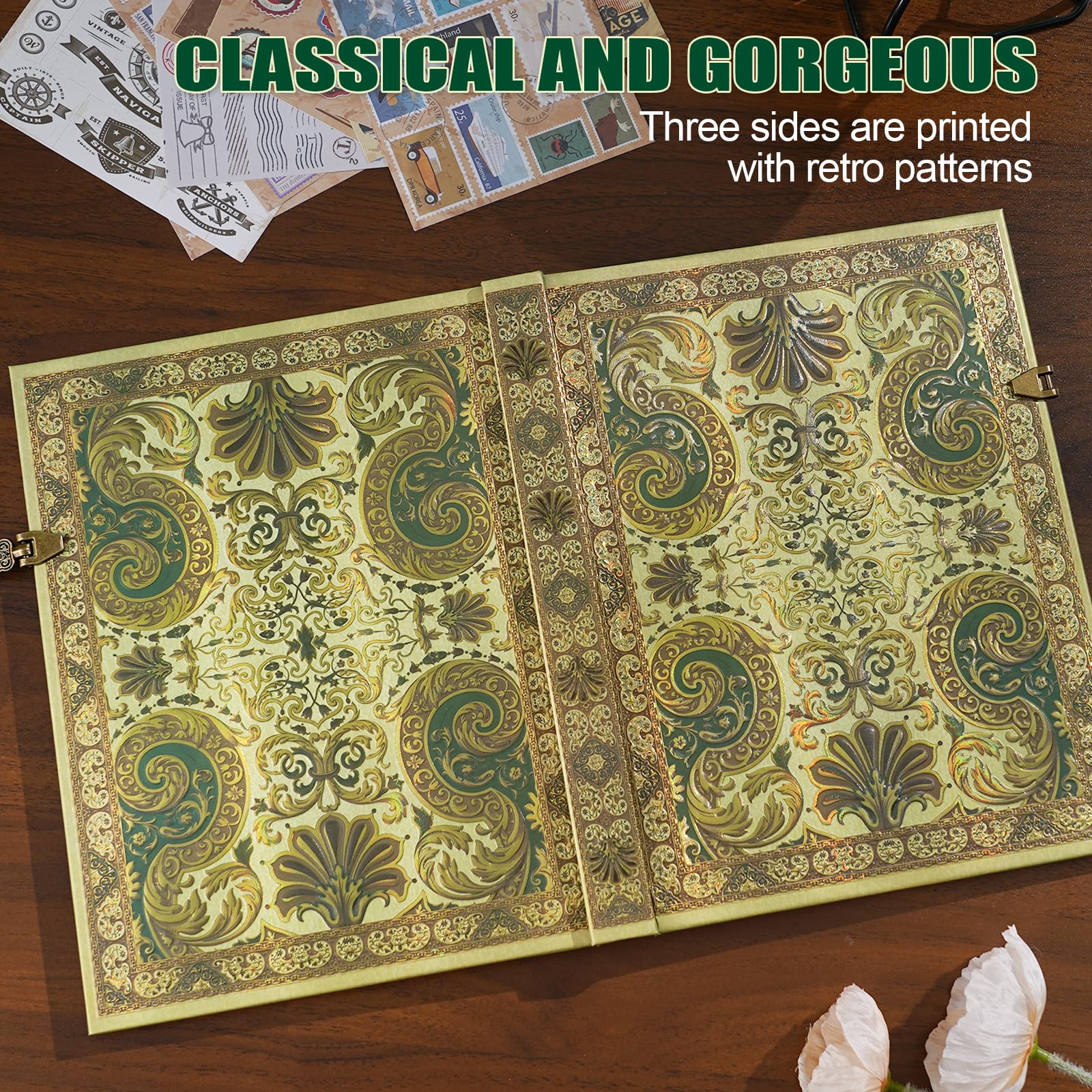 Diario de tapa dura con cubierta de ensueño dorado en 3D, 96 hojas/192 páginas, diario con forro vintage, viene con bolsillo de sobre, adecuado como cuaderno, diario de viaje o aniversario de boda
