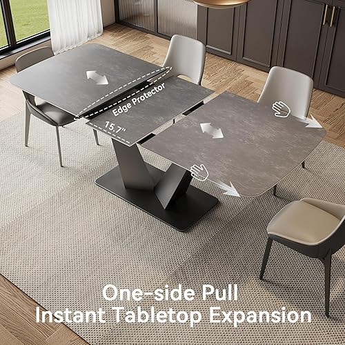 Miniatura 2 de Mesa de comedor extensible para 6-8 personas, moderna mesa de comedor rectangular con parte superior de piedra sinterizada y pedestal de acero al