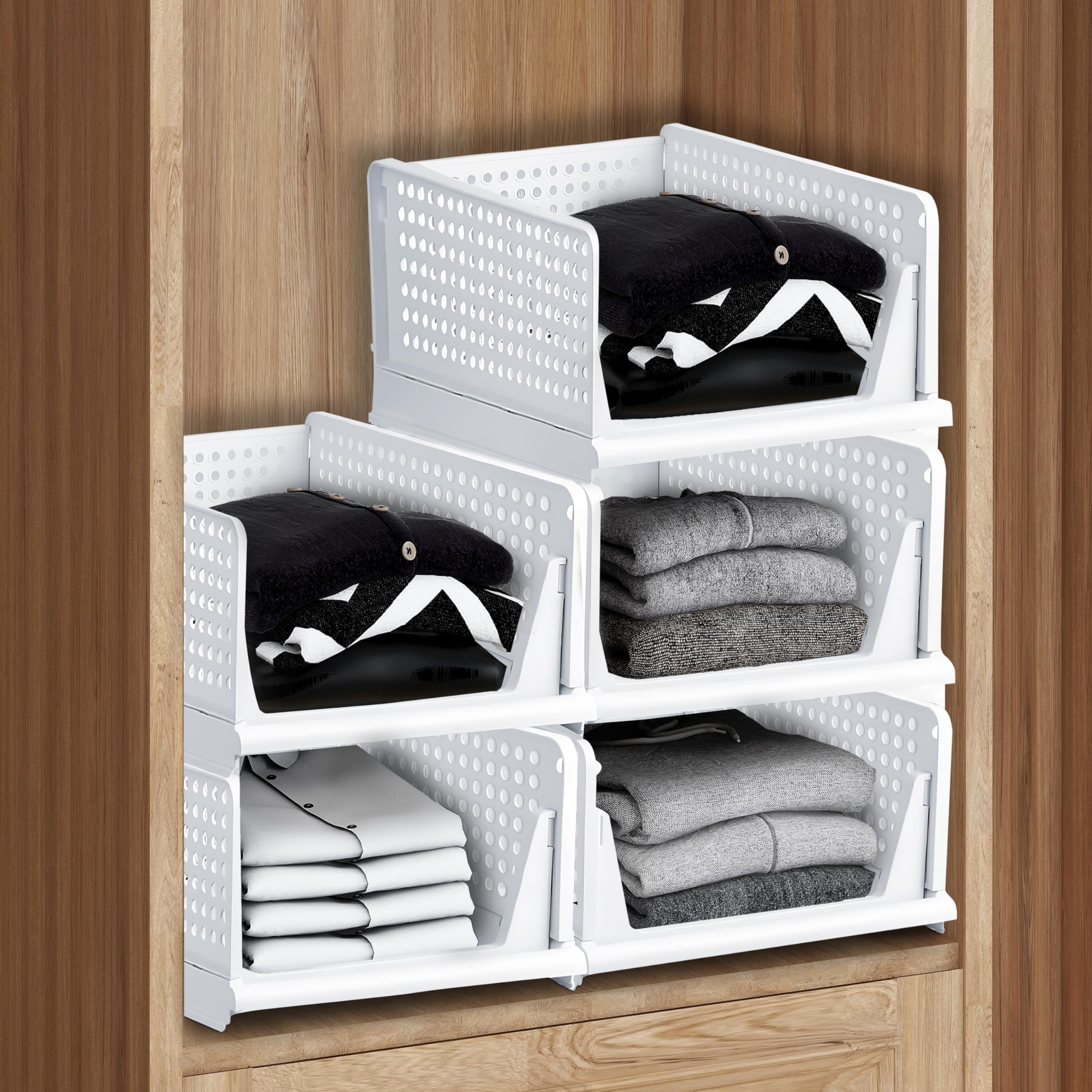 PlanetPlastic Clothes Organizer for Wardrobe/Foldable & Stackable/Cupboard Organizer for Clothes/Closet Organizer/Drawer Organizer/Almirah Space Organizer for Cupboard (5-Tier, White)