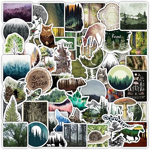 BulbaCraft 100Pcs Forest Stickers for Water Bottle and Laptop - Forest Party Favors & Decorations, Waterproof Vinyl Decals, Nature and Tree Stickers, Gifts for Women & Men