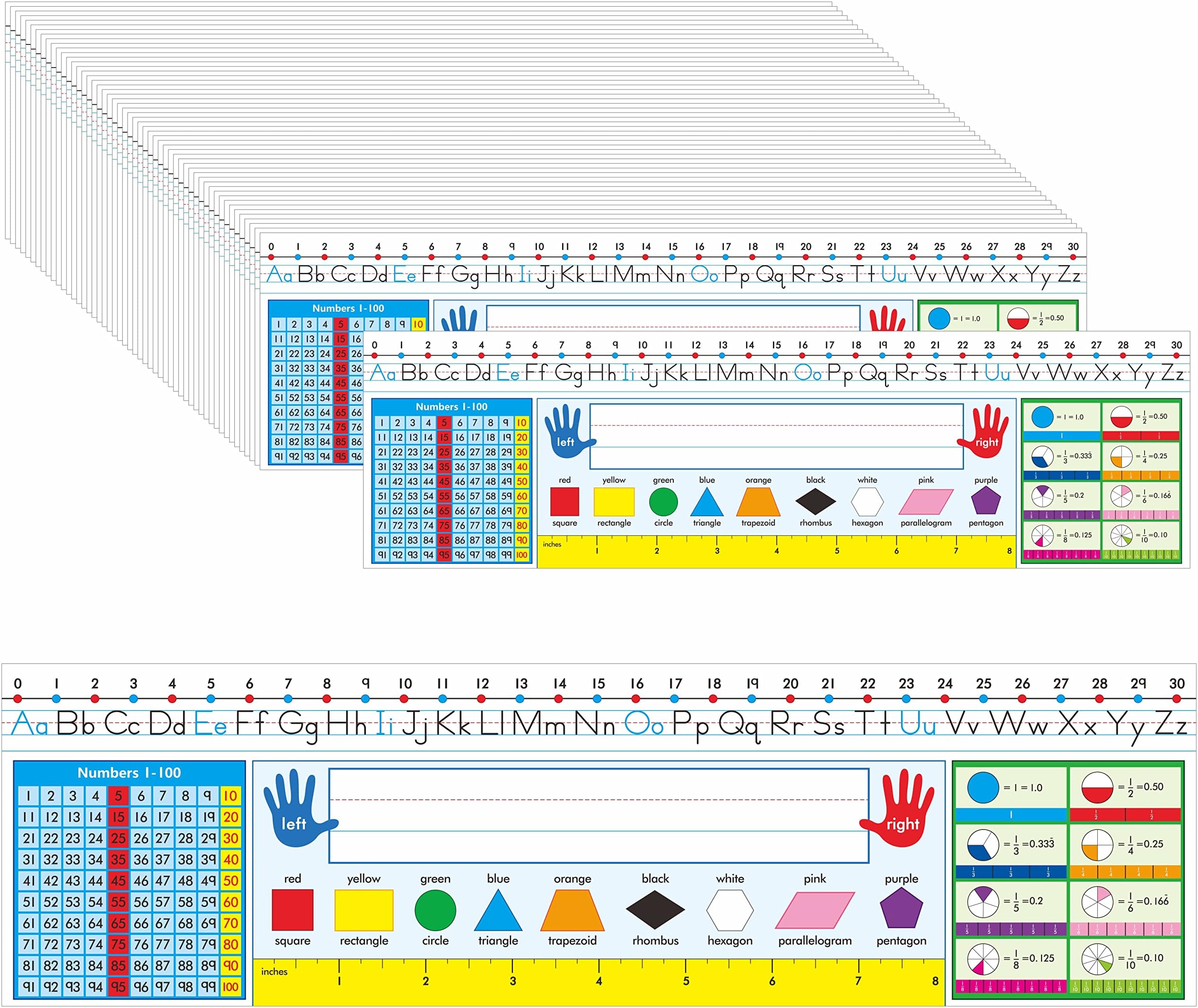 36 PCS Desk Nameplates, Double Sided PET Film Desk Name Tags with Alphabet, Numbers, Fractions, Shapes, Colors and Ruler Erasable & Reusable Traditional Manuscript Name Plate for Classroom (14” x 4”)