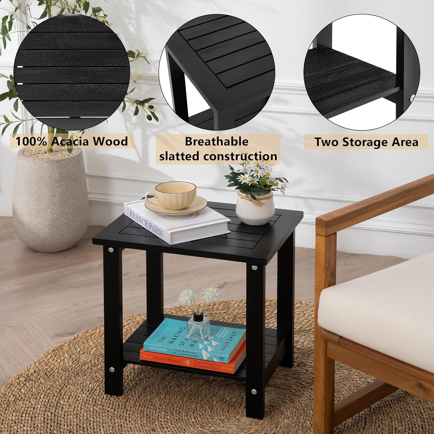 VICTORY RELAX Solid Acacia Wood Side Table with 2-Tier Storage, Weather-Resistant Outdoor Indoor End Table, Black Rustic Color Night Stand