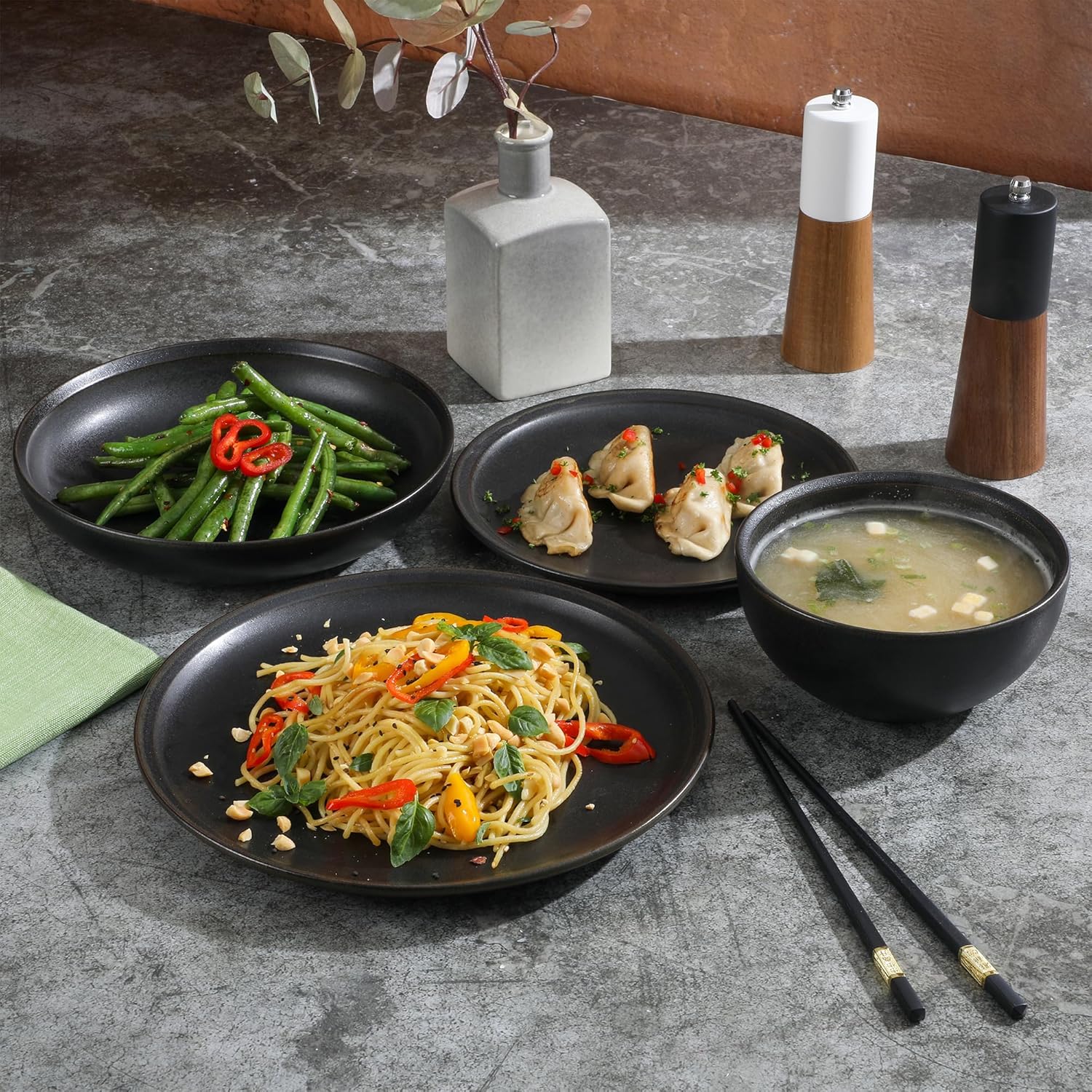 Gibson Elite Beckett Stoneware Matte Reactive Glaze 16 Piece (Service for 4) Plates and Bowls Dinnerware Set - Black - Image 5