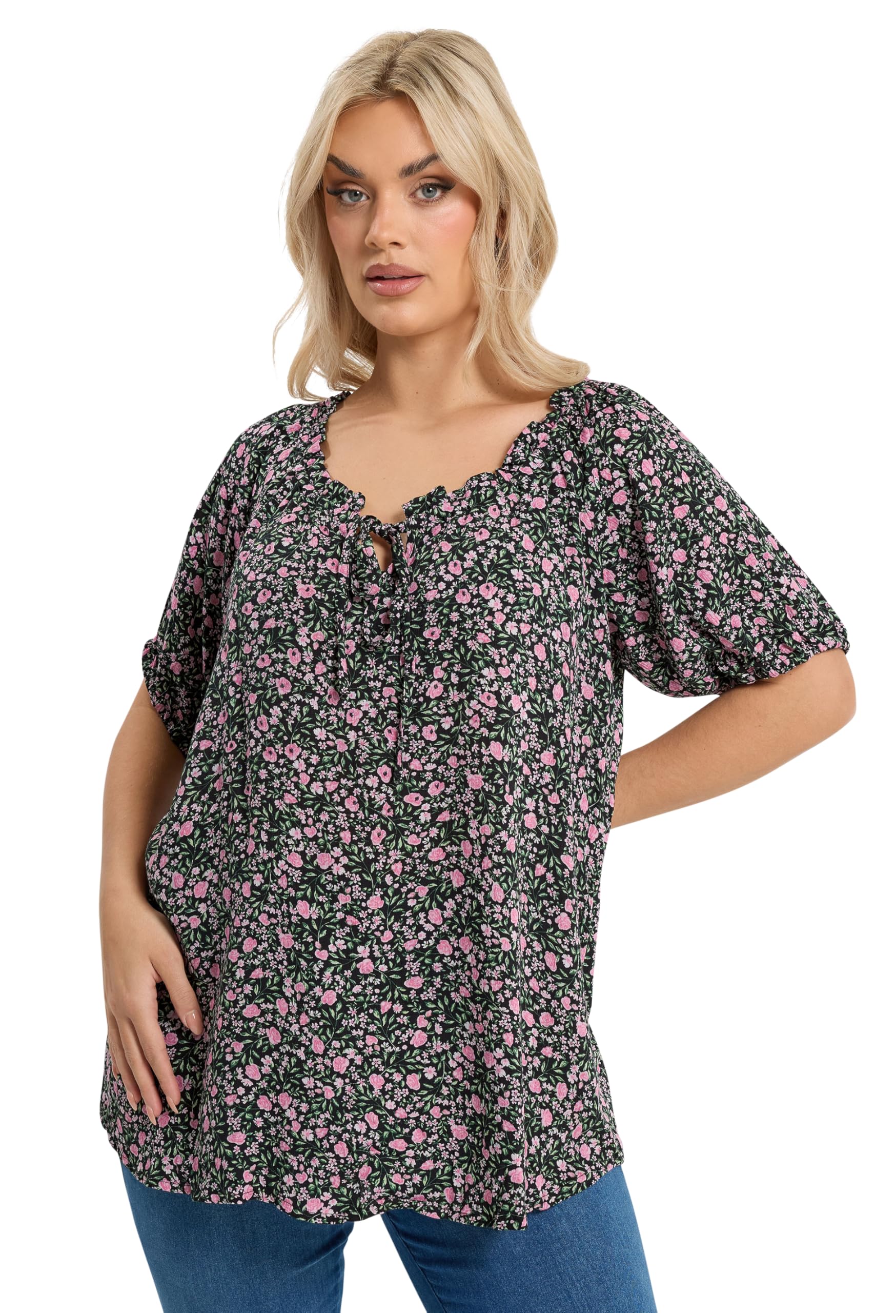 Yours Women's Textured Ditsy Floral Print Top in Black | Size: 34-36