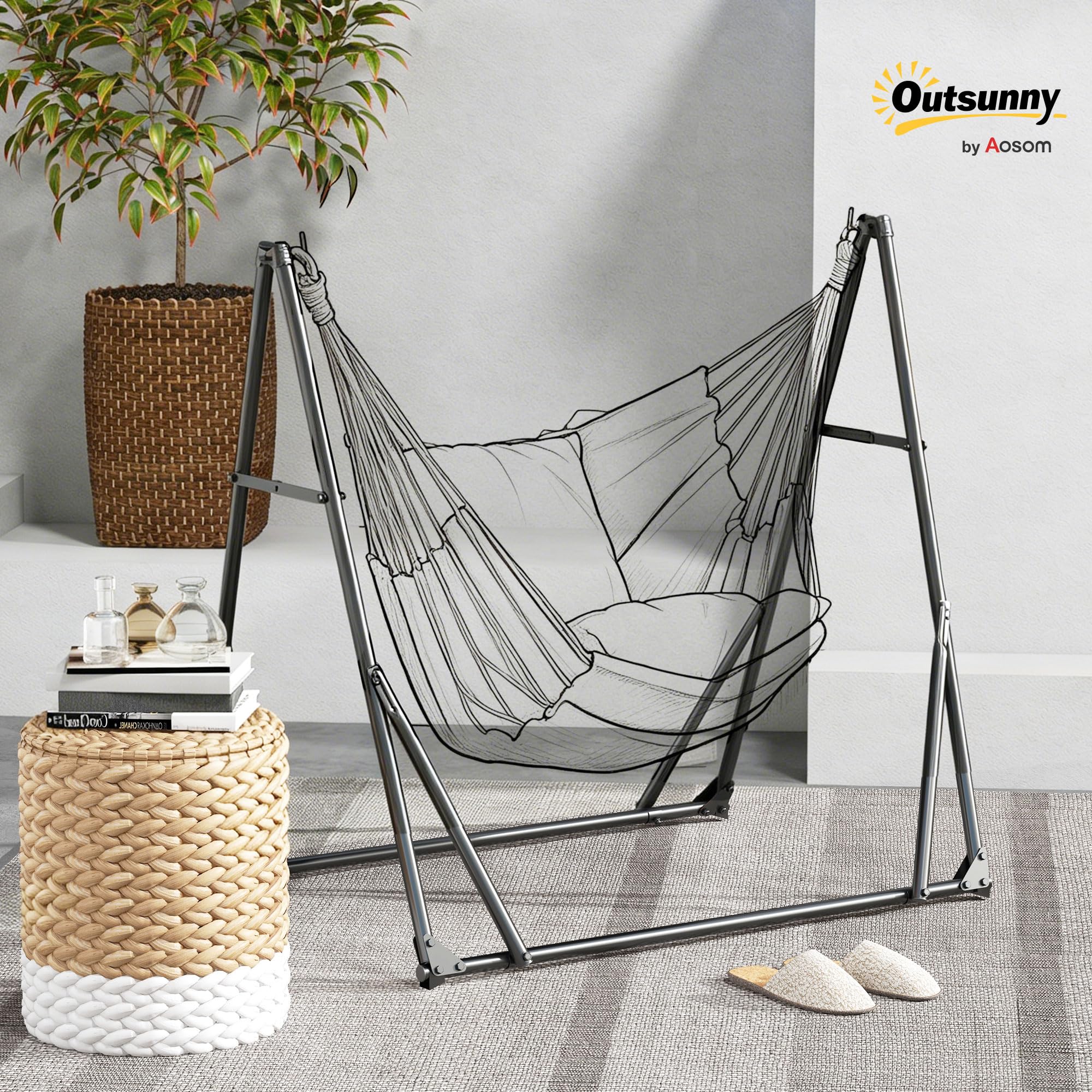 Outsunny Soporte para Hamaca Plegable Portátil, 2 en 1, Soporte para Silla Colgante con Estructura de Metal y Bolsa de Transporte, Carga 120 kg, para Hamaca 2,5 m y Silla 1,5 m de Largo, Negro