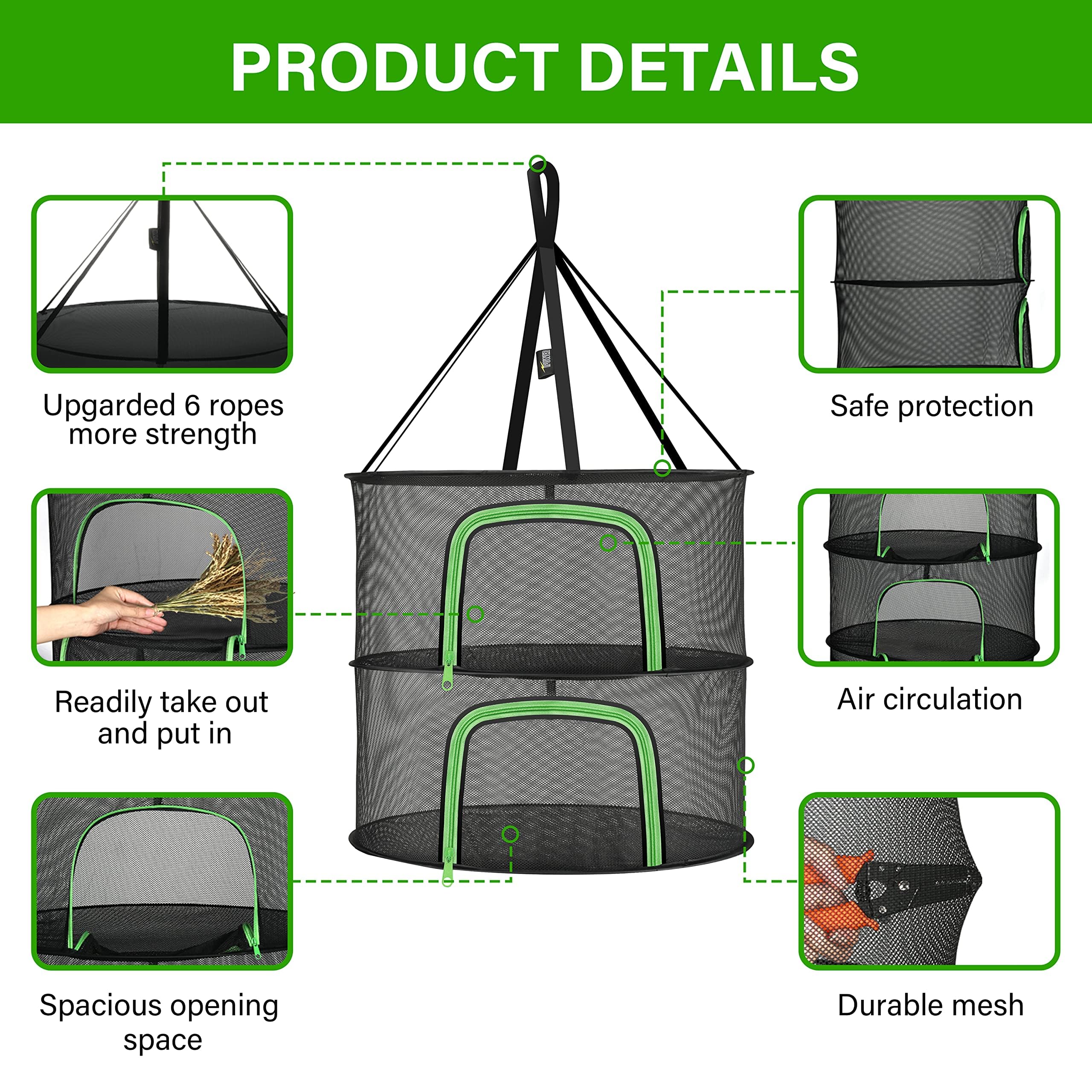 2-Foot 2-Layer Hanging Herb Drying Mesh Rack – Foldable With Bag & Hook, Indoor/Outdoor