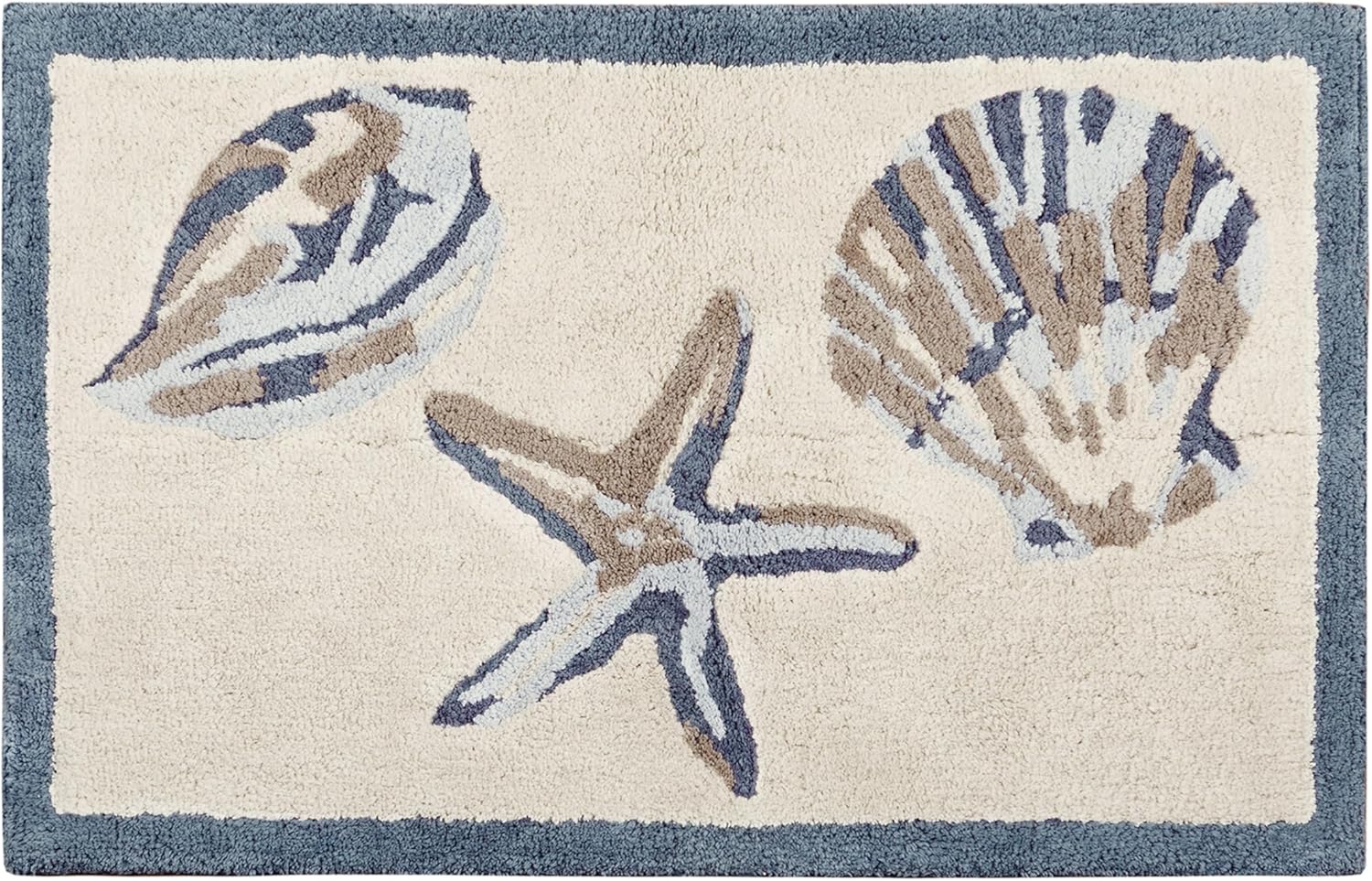 Madison Park Bayside 100% Cotton Tufted Non-Slip Absorbent Ultra Soft Seashells Beach Style Bath Mat Bathroom Rugs, 21X34" Inches, Blue, 1 Piece