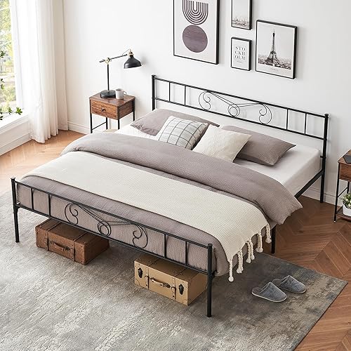 GAOMON Base de cama tamaño King con cabecero y estribo, base de cama de plataforma con almacenamiento, base de colchón, no necesita somier, fácil