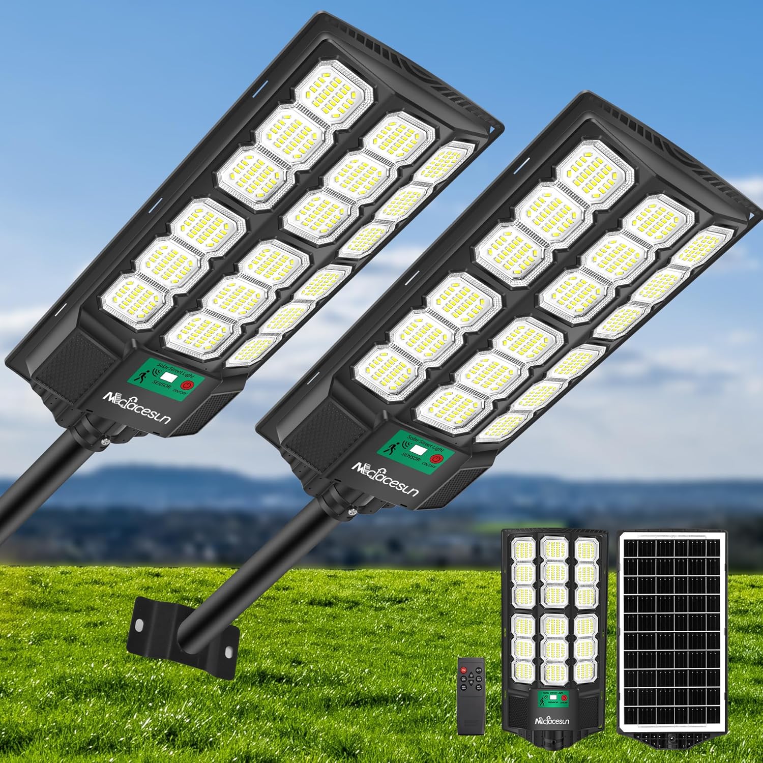 Solar Lights Outdoor 24000LM-6500K Solar Street Light, IP66 Waterproof Outdoor Flood Lights with Motion Sensor & Dusk to Dawn, led solared Street Light Easy Installation, Pack of 2