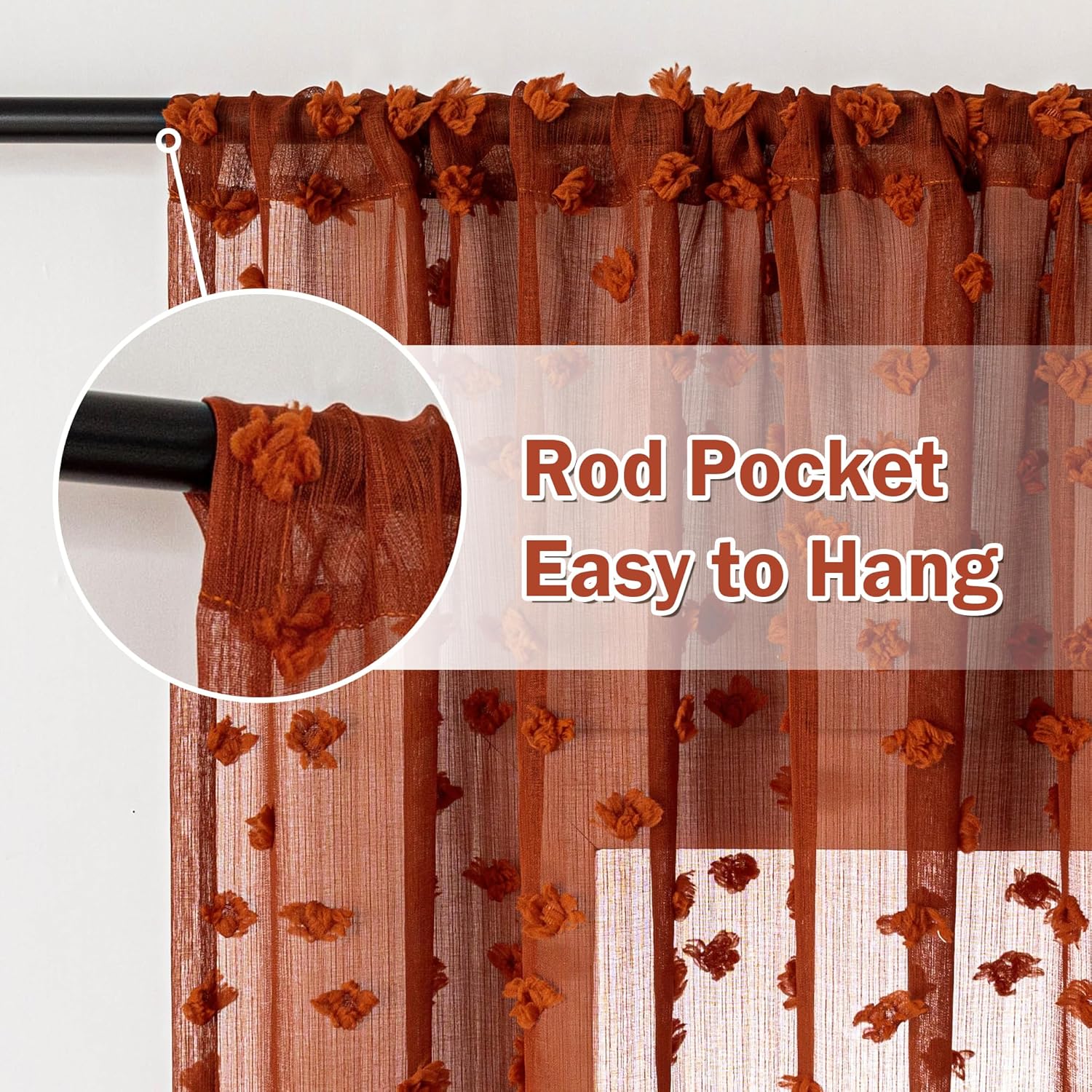 MYSKY HOME Terracotta Boho Sheer Curtains — with Pom Poms 84 Inches Long Burnt Orange Rust Colored Rustic Farmhouse Bohemian Drapes for Bedroom Living Room Window, Rod Pocket, 52" Wide, 2 Panels