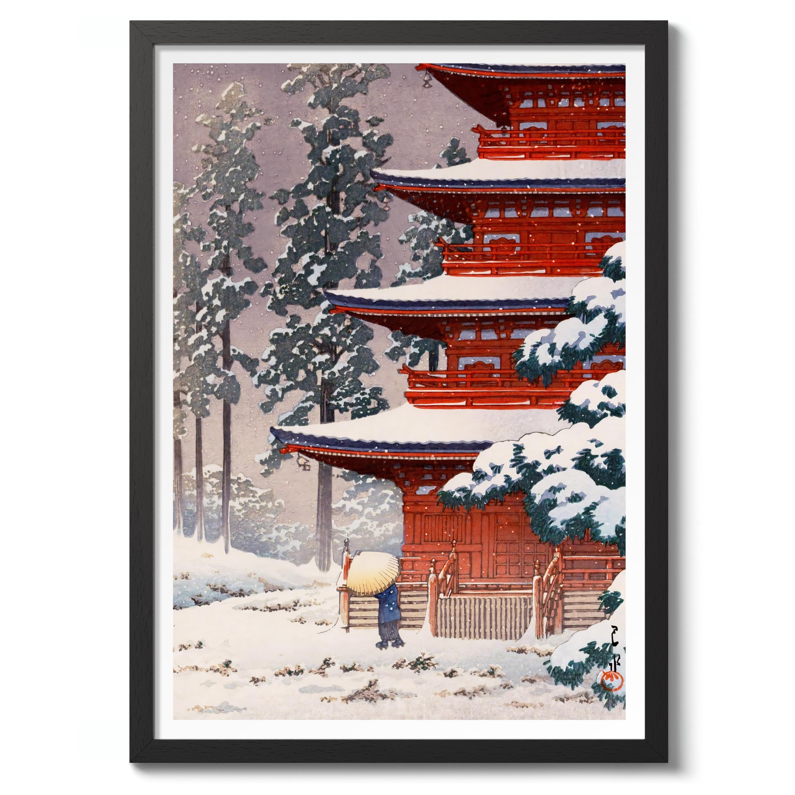 Animato Saishoin Temple In Snow Kawase Hasui Poster, Japanese Woodblock Ukiyo-E Print, Vintage Art Picture Painting Wall Art Exhibition, Archival Matte, 50x70cm (Black Frame) - 50x70cm
