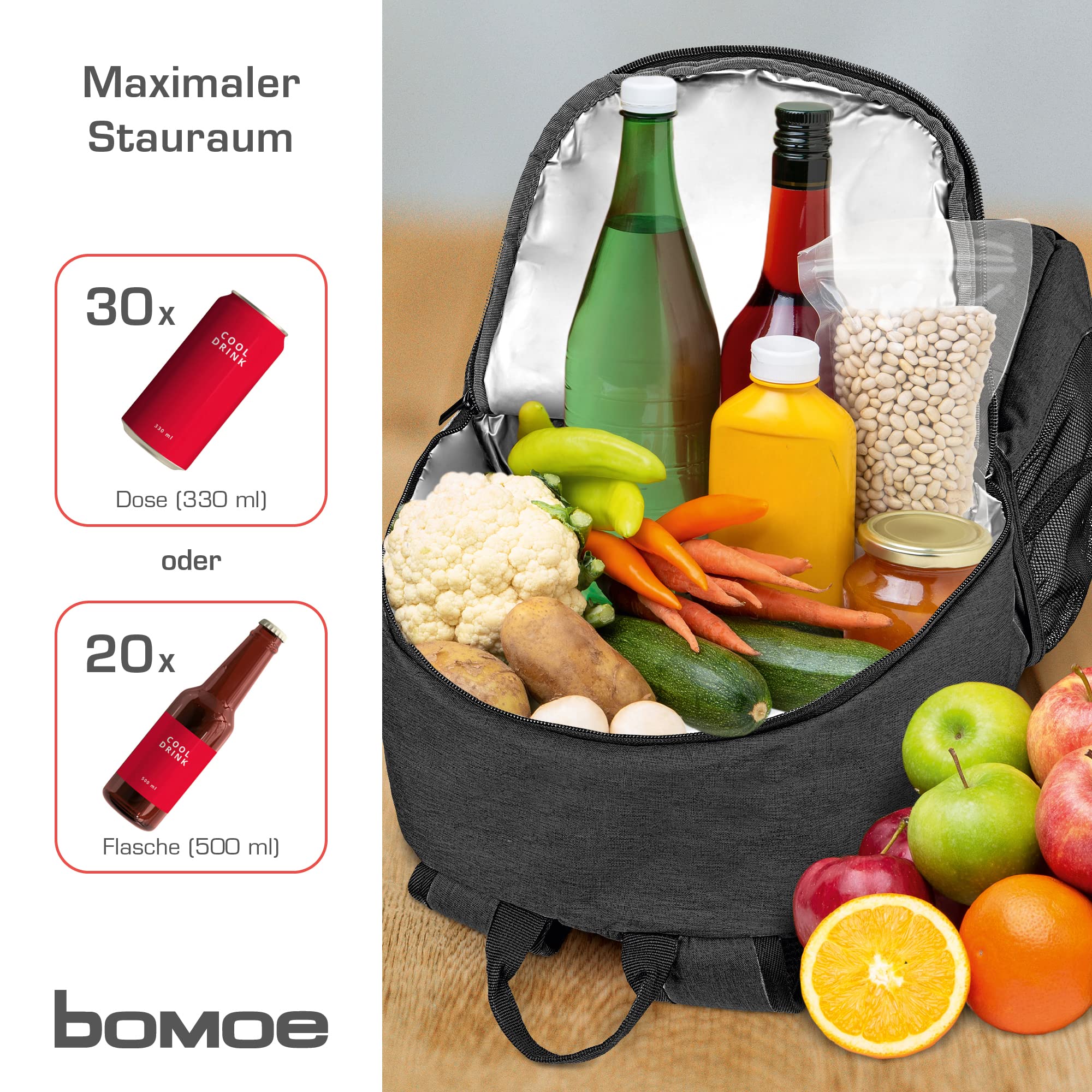 bomoe Kühlrucksack 25l/35l - Outdoor Rucksack mit 16h Kühlfunktion - Strandrucksack mit vielen Taschen zum verstauen - Kühltasche Rucksack isoliert - Kühltaschenrucksack in Anthrazit oder Grau