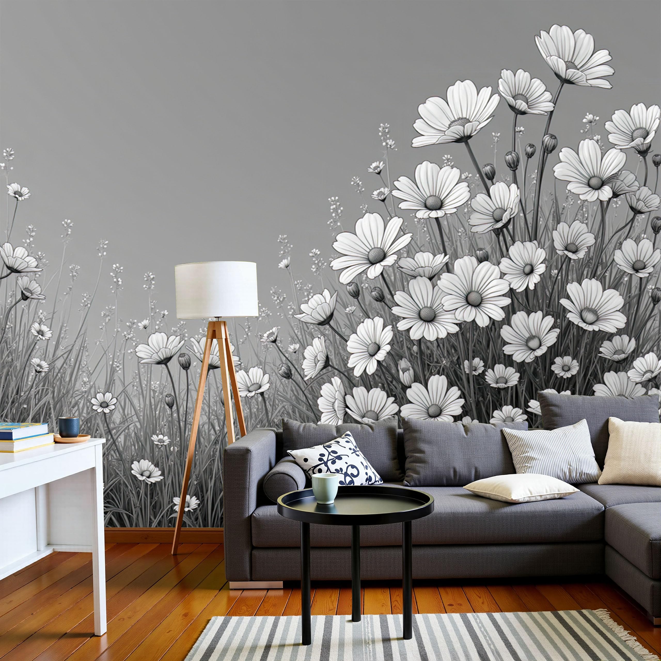 Papier peint paysage fleurs vintage pour sublimer un mur blanc et moderniser votre salon