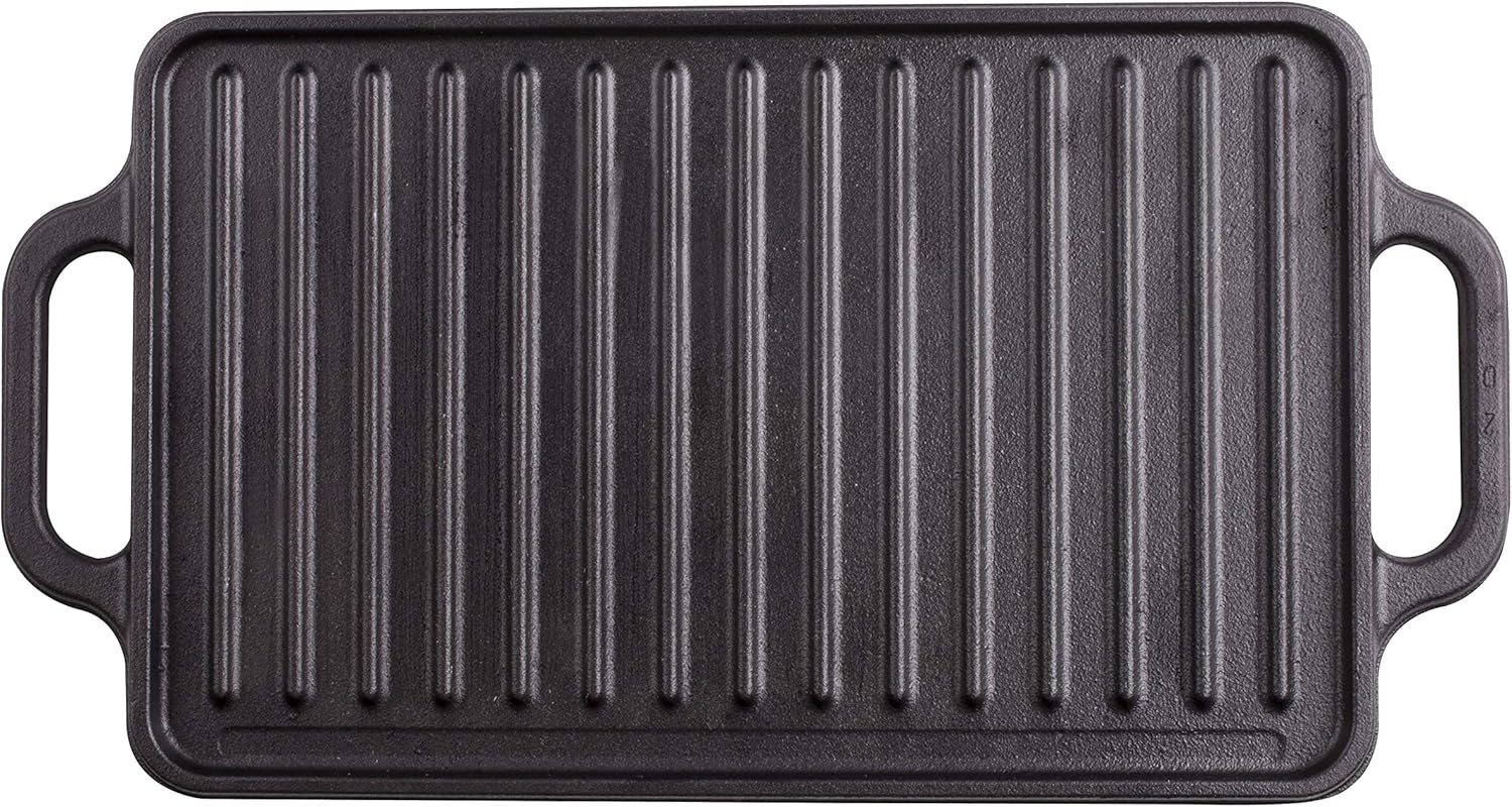 Victoria Rectangular Cast Iron Double Burner, Reversible Griddle Grill Seasoned with 100% Kosher Certified Non-GMO Flaxseed Oil, 13 x 8,3 Inch, Black: Home & Kitchen