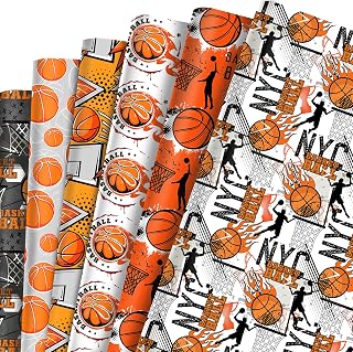 Ywdbzjhs 12 Sheets Basketball Wrapping Paper, 6 Styles Basketball Fire Patterns Gifts Wrap Paper Folded Flat Craft Wrapping Paper for Sports Ball Themed Birthday Party Supplies,19.7'' x 27.6''
