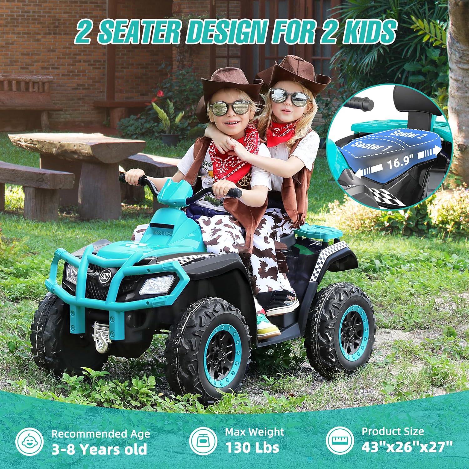 ELEMARA 2 Seater Ride on ATV for Big Kids,Big Kids Ride on ATV Electric 4 Wheeler with 10AH Battery, 4mph Max Speed, Electric Car,LED Headlights, 12V Battery Powered Ride on Toy for Boys & Girls,Green