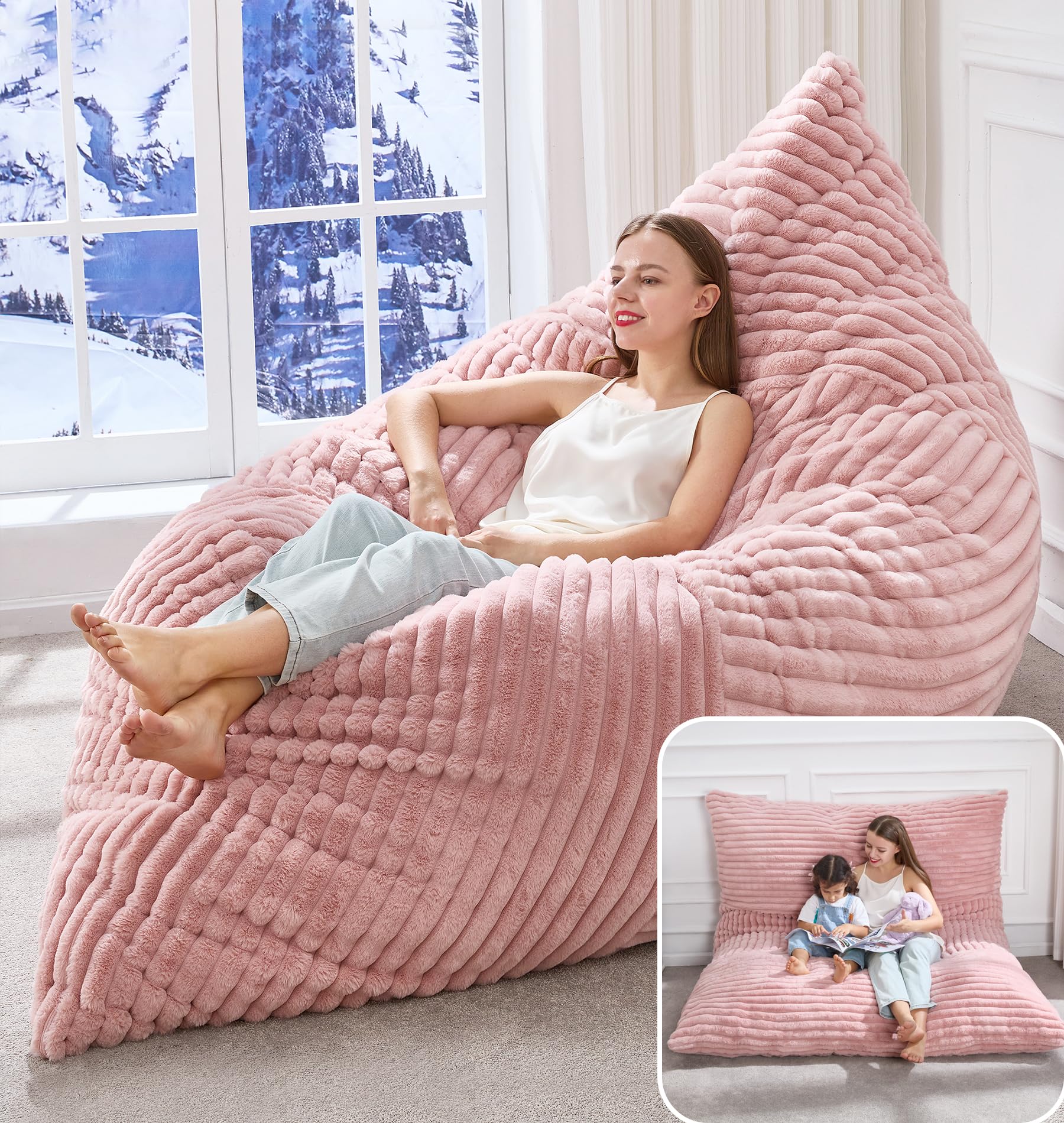 Hobestluk 3 in 1 Bean Bag Chair Giant Bean Bag Chairs Convertible Bean Bag Floor Cushion with Machine Washable Cover, Beanbag Chairs for Adult (Pink) โ image 1