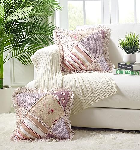 Brilliant Sunshine Juego de 2 fundas de almohada decorativas y acolchadas con volantes y rayas rosetón rosa y rayas, para sofá, sillón, automóvil,