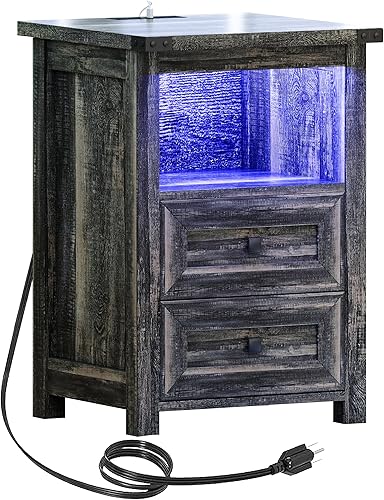 BRONOON - Mesita de noche con estación de carga y luces LED, mesa auxiliar con 2 cajones para dormitorio, mesa auxiliar con estante abierto, mesita