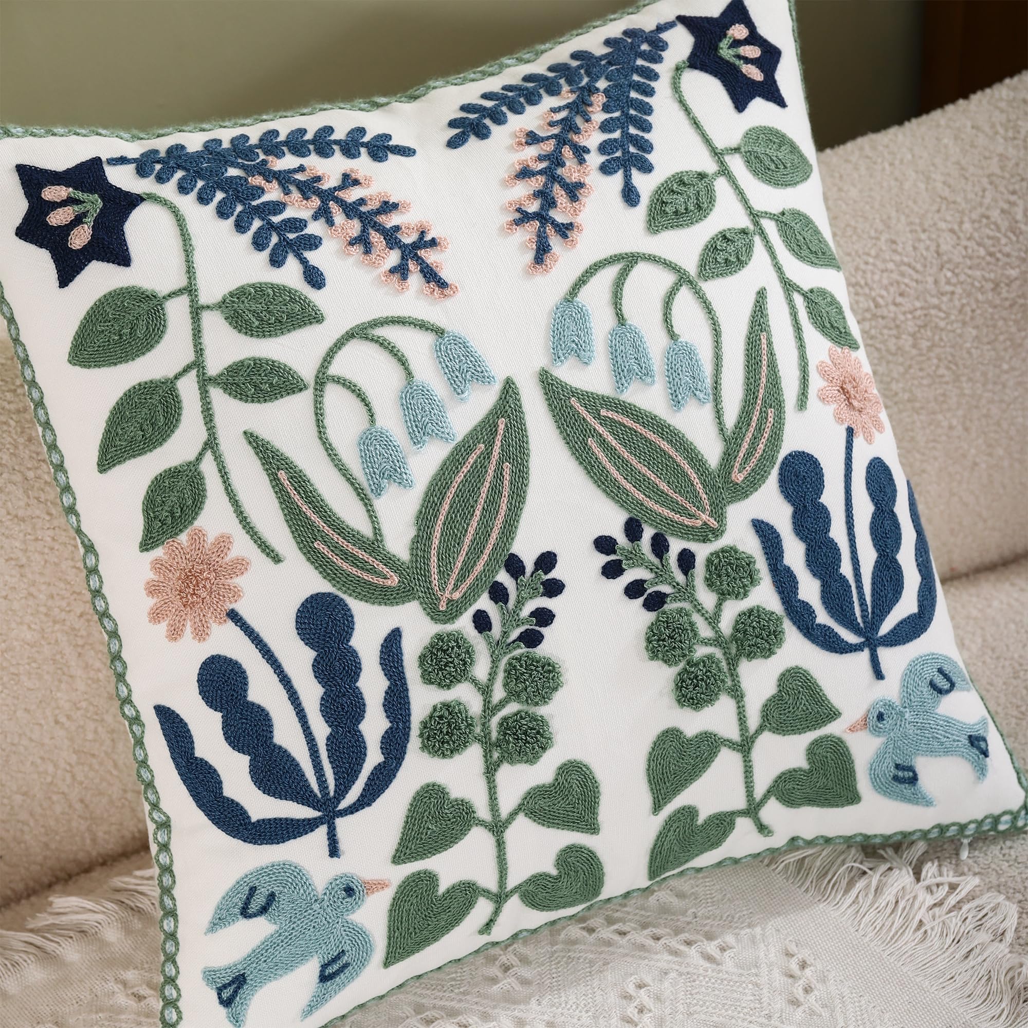 Tosleo Embroidered Decorative Throw Pillow Covers 18x18 inch Pack of 2 Green Leaves with Birds Floral Pillowcases Farmhouse Pillow Cushion Cases Home Decor Square Blue Flower Pillow Case - Image 3