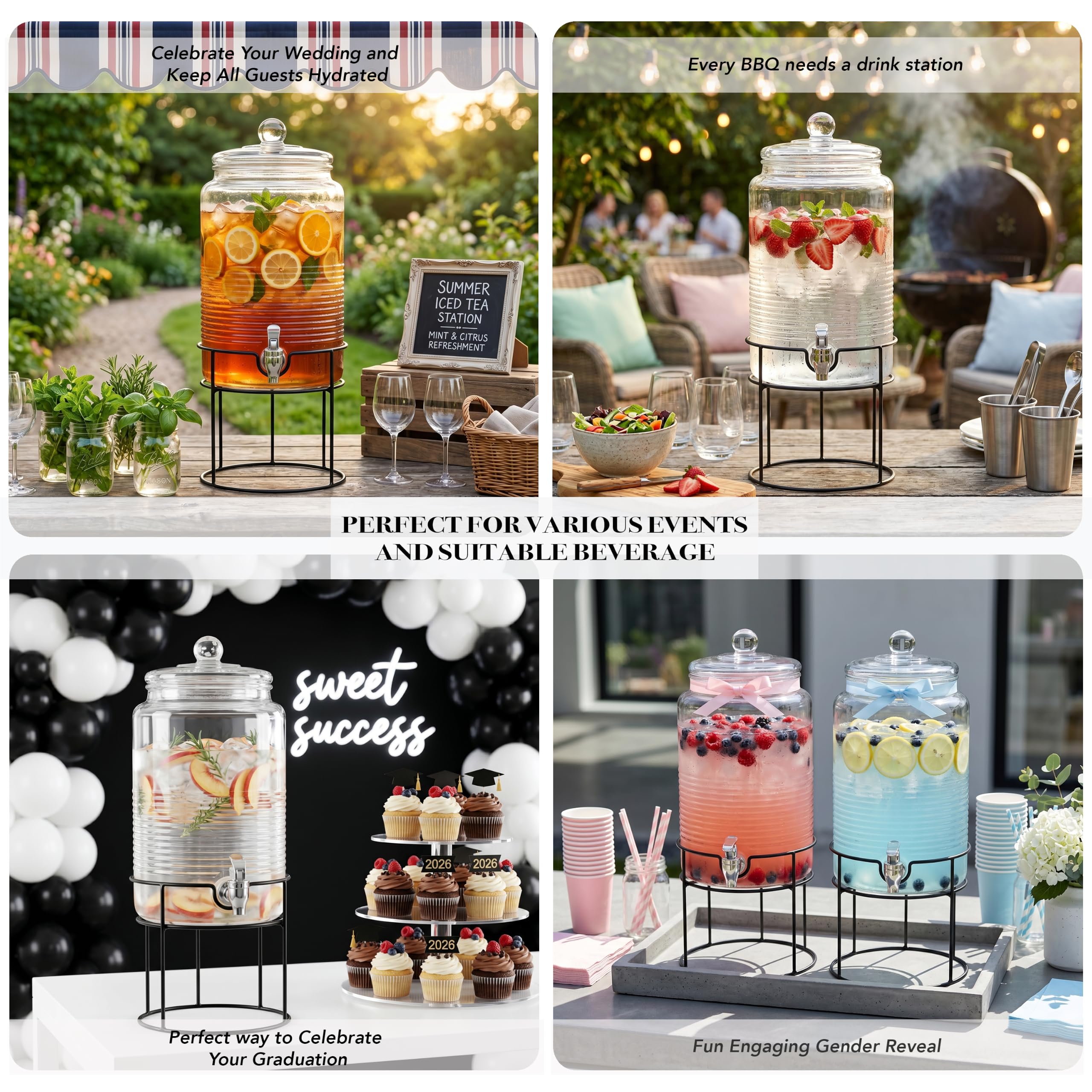 Dispensador de bebidas frías Style Setter con jarra de vidrio de 1.9 galones, tapa de vidrio y espiga acrílica a prueba de fugas, ideal para fiestas, bodas y más