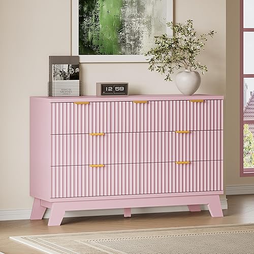 BORNOON Cómoda acanalada de 7 cajones, cómoda bohemia moderna de 47.2 pulgadas de ancho, soporte de madera para dormitorio, sala de estar, armario,