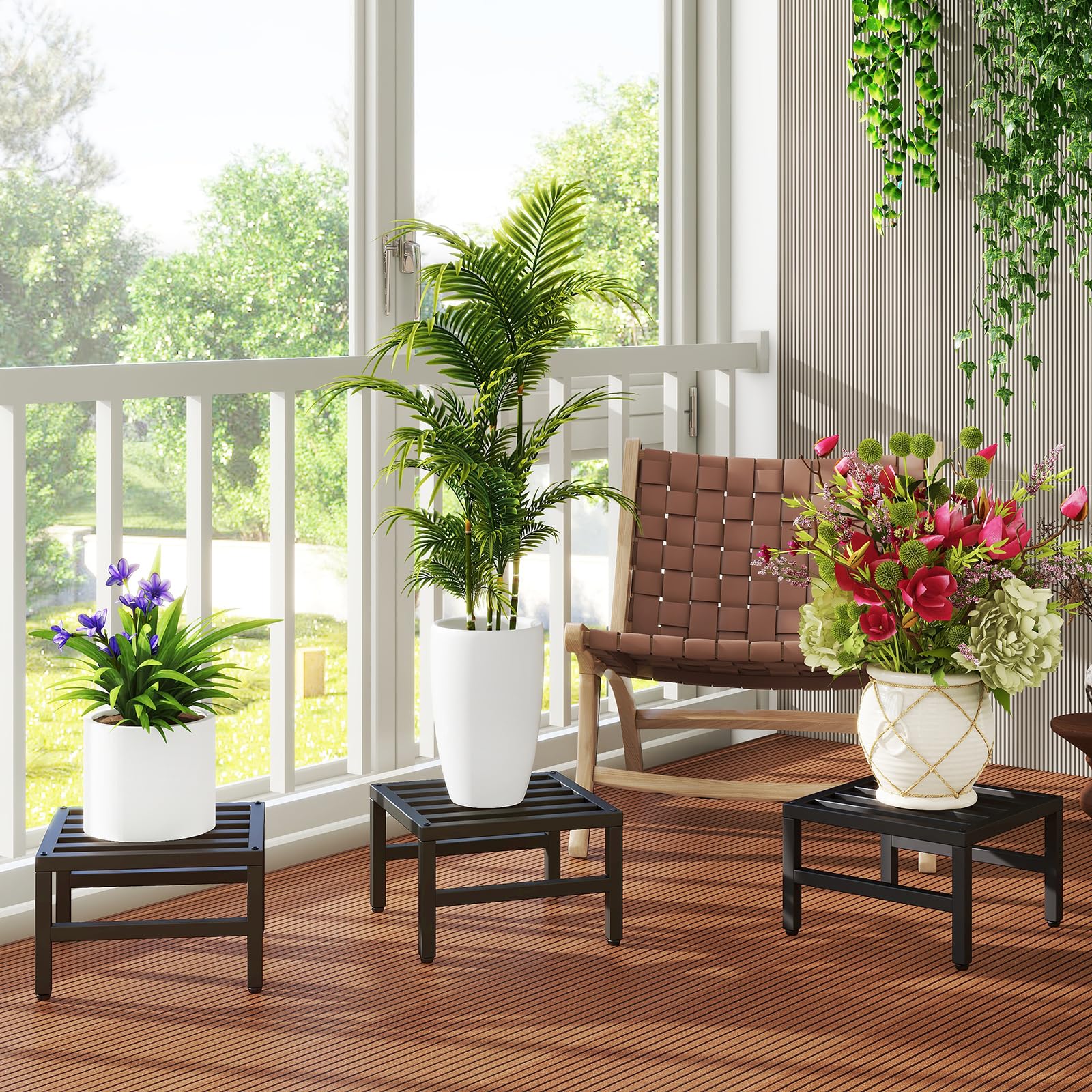 IBUYKE 3 Piezas de Soporte Metálico para Plantas de Interior y Exterior, 30cm Soporte para Macetas Pequeñas, Estante Moderno Cuadrado para Plantas y Flores para Salón Balcón Jardín, Negro TMJ075B-3