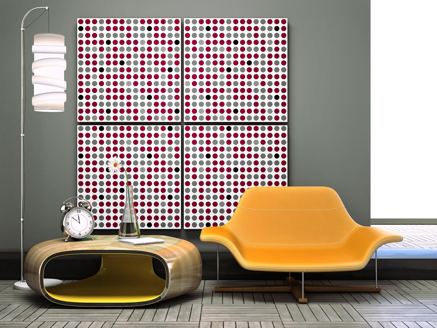 Wall In A Box WIB1012 Retro Dots Wallpaper, Silver Metallic, Scarlet Red, Gloss Black, Steel Gray