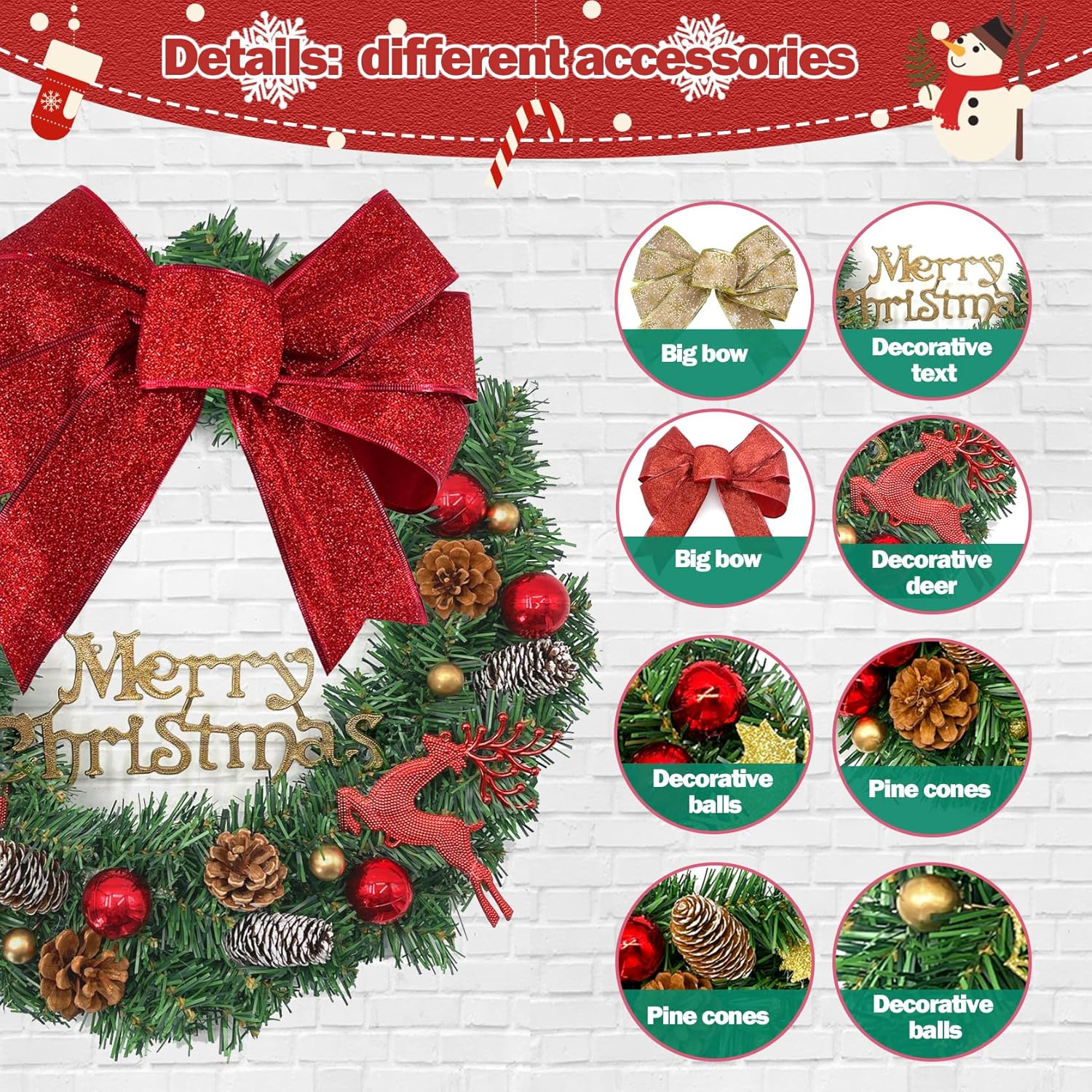 Christmas Door Wreath, Wreaths for Christmas Decor, Holiday Wreath Flocked with Pine Cones, Ball Ornaments and 2 Bows, Indoor Outdoor Decorations, Beautiful on Wall, Window, and Mantel, 18 inches - Image 3