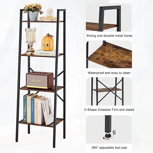 Miniatura 8 de Hoctieon - Estantería de escalera industrial de 4 niveles, estante de escalera estrecho, estantería alta de pie, estante de escalera abierta