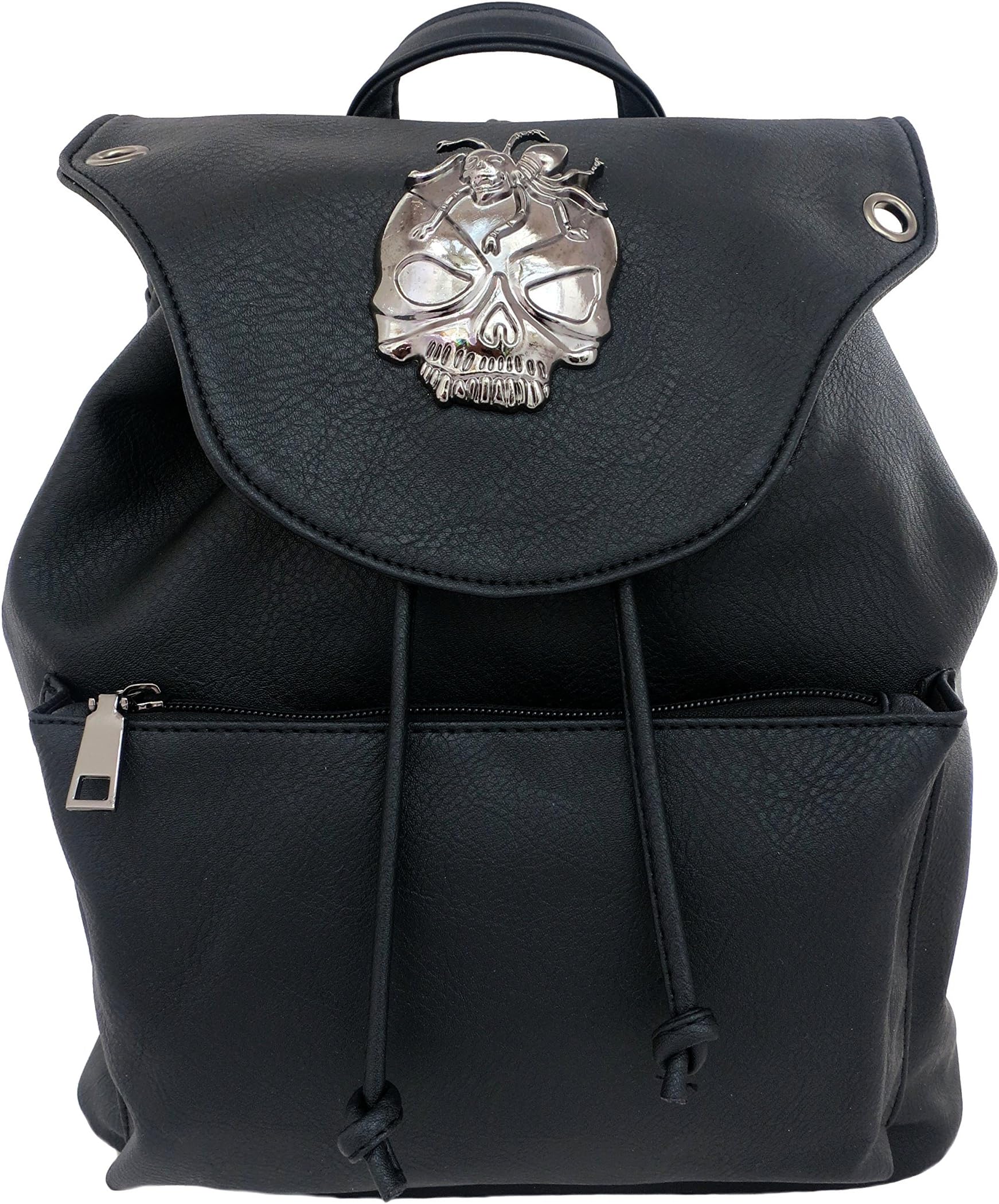 GOTHX Skull Head Spider Black Tassel Tie Backpack Rucksack Steam | Steam Punk Rock Goth Gothic | School College PU Leather Bag