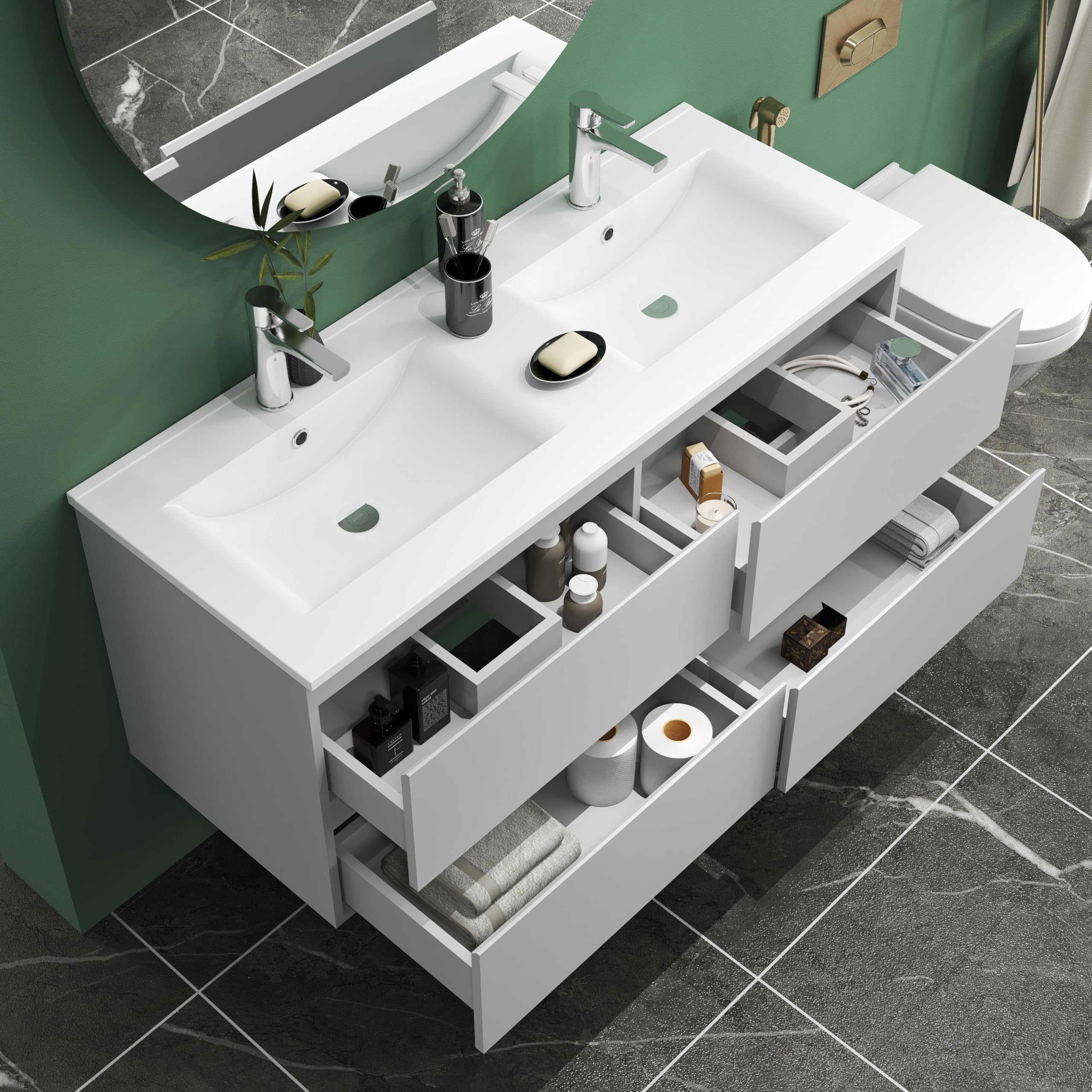 Mueble de baño,120 x 46 x 52 cm, Armario de baño AICA, con 4 cajones, Amplio Espacio de Almacenamiento, diseño Moderno, Color Blanco y Color Roble.