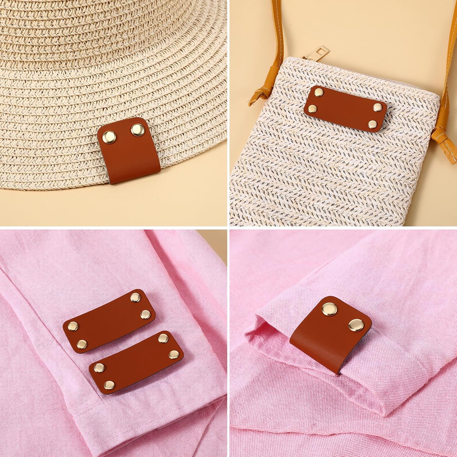 20 Pcs Blank Leather Tags for Crochet Items, PU Brown Leather Tags for Handmade Items Knit Patch with Rivet Button, Rectangle Label Repair Patch Soft Crochet Tape with Holes for DIY Clothing, Sewing