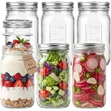 CycleMore Mason Jars 32 oz Wide Mouth, 6 Pack Glass Jars with ml Measurements and Silver Split Lids, Quart Mason Jars for Sourdough Starter, Pickles, Fermenting and Storage