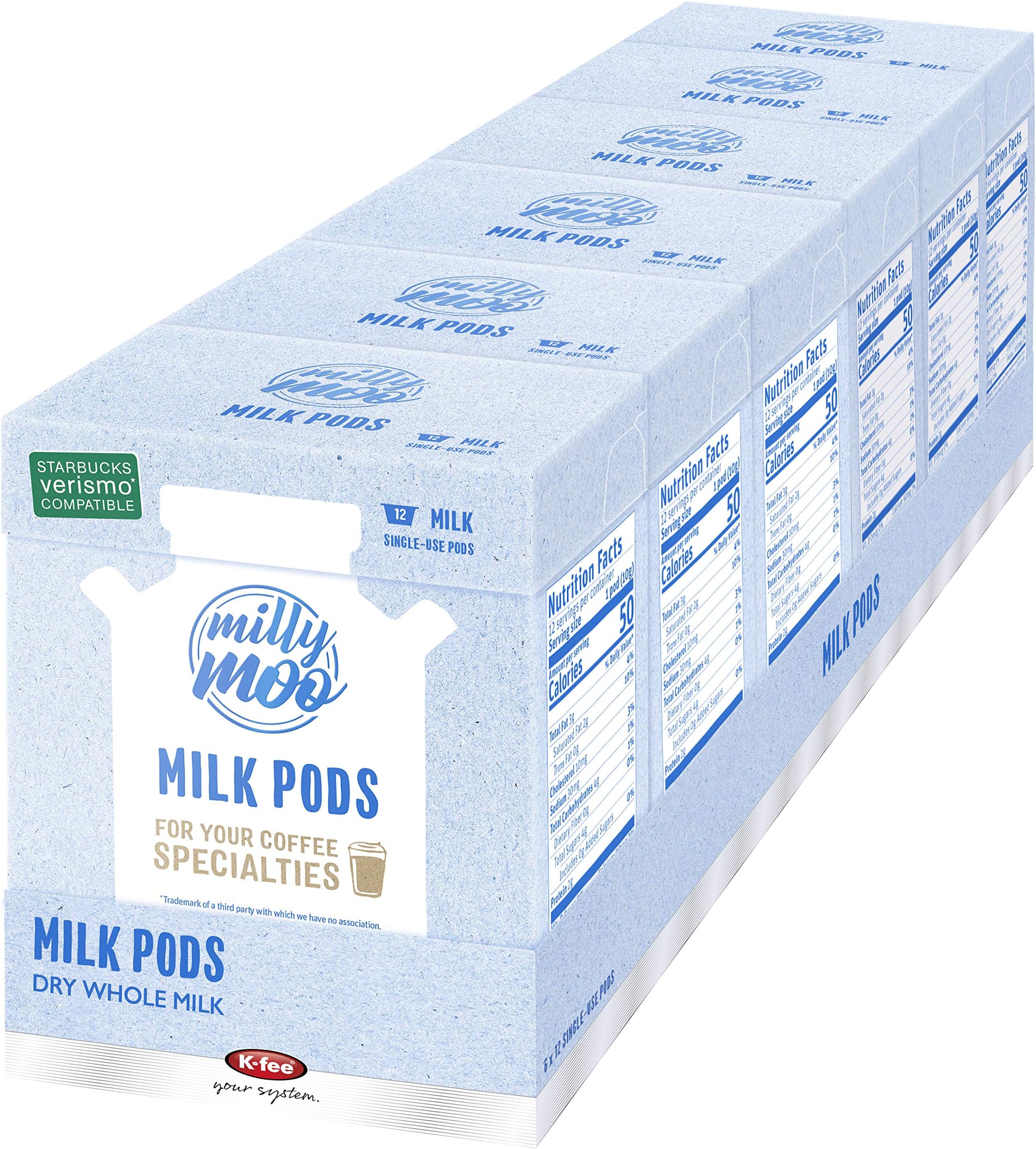 Milly Moo Single Serve Milk Pods K-fee® & Starbucks® Verismo* Compatible | 72 Count (6 boxes X 12 Pods) | Whole Milk Single Serve Pods for Lattes, Cafe Au Laits & more