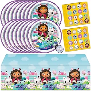 Unique Gabby's Dollhouse Party Supplies | Gabby Dollhouse Party Supplies | Gabby Doll House Party Supplies | Officially Licensed | Tablecover, Plates, Napkins, Button | Serves 16 Guests