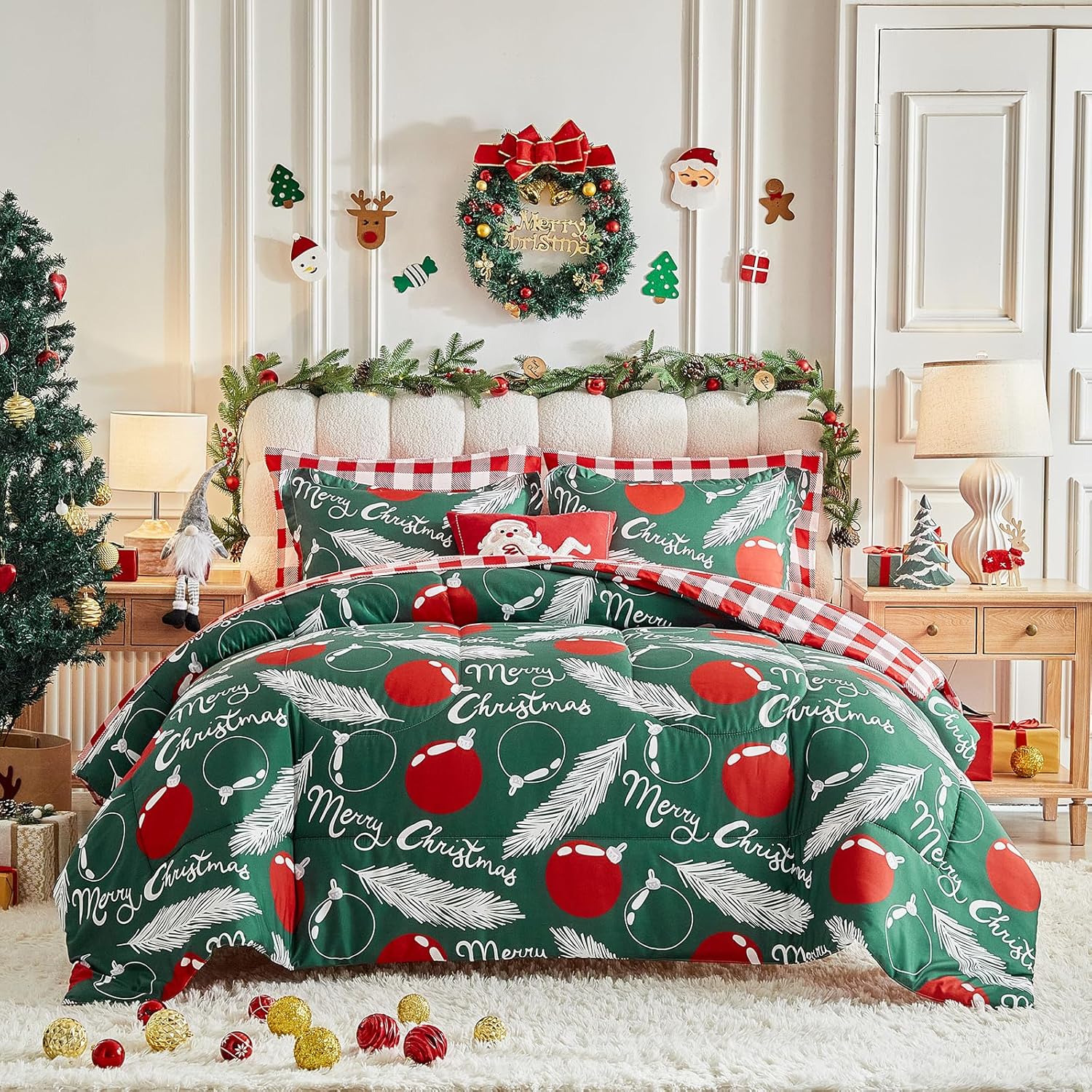 Christmas 7 Pieces Queen Comforter Sheet Set Bed in a Bag Holiday New Year Style - Green with White Leaves n Red Balloon - Red Plaid Gingham Bedding Set with Comforters, Sheets, Pillowcases & Shams