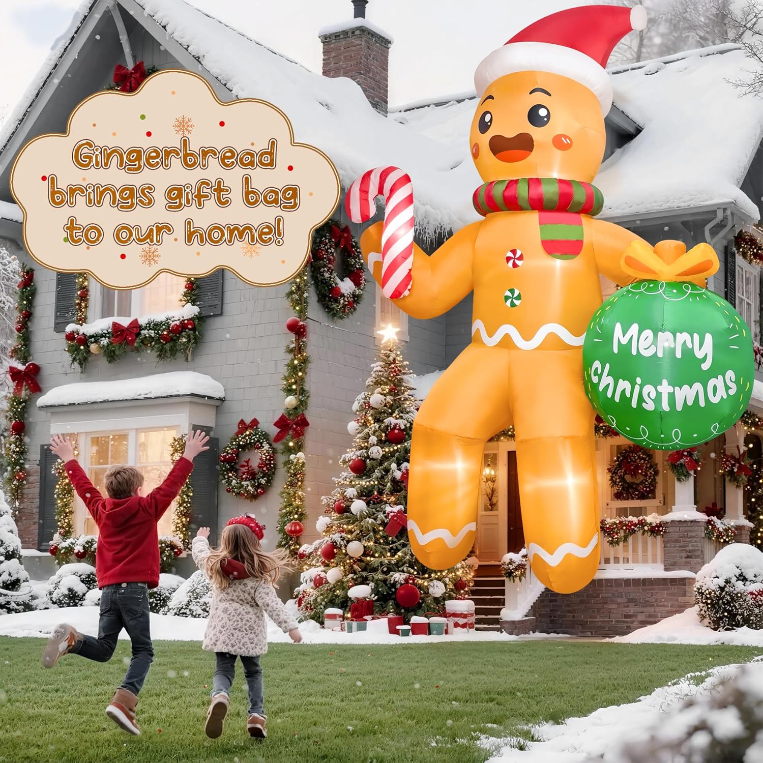 11FT Christmas Inflatable Outdoor Decoration, Climbing Gingerbread Inflatable Blow up Yard Decorations with LED Lights, Giant Gingerbread Christmas Inflatable for Roof Lawn Garden Xmas Party