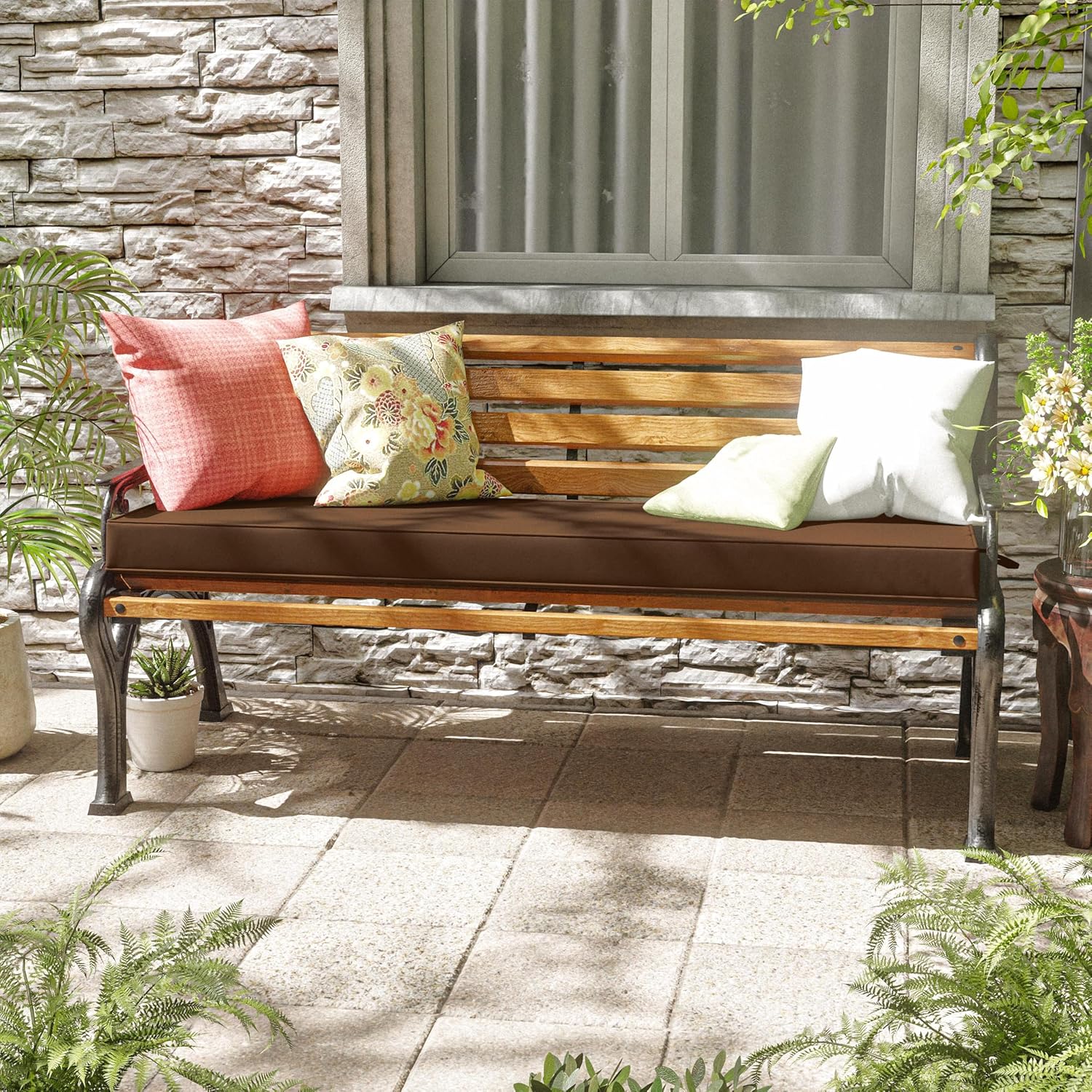 premium outdoor bench cushions for patio furniture 3.5inches memory foam bench cushion waterproof fade resistant porch swing cushions with straps 60×18 inch chocolate 60'' x 18'' x 3.5'' chocolate