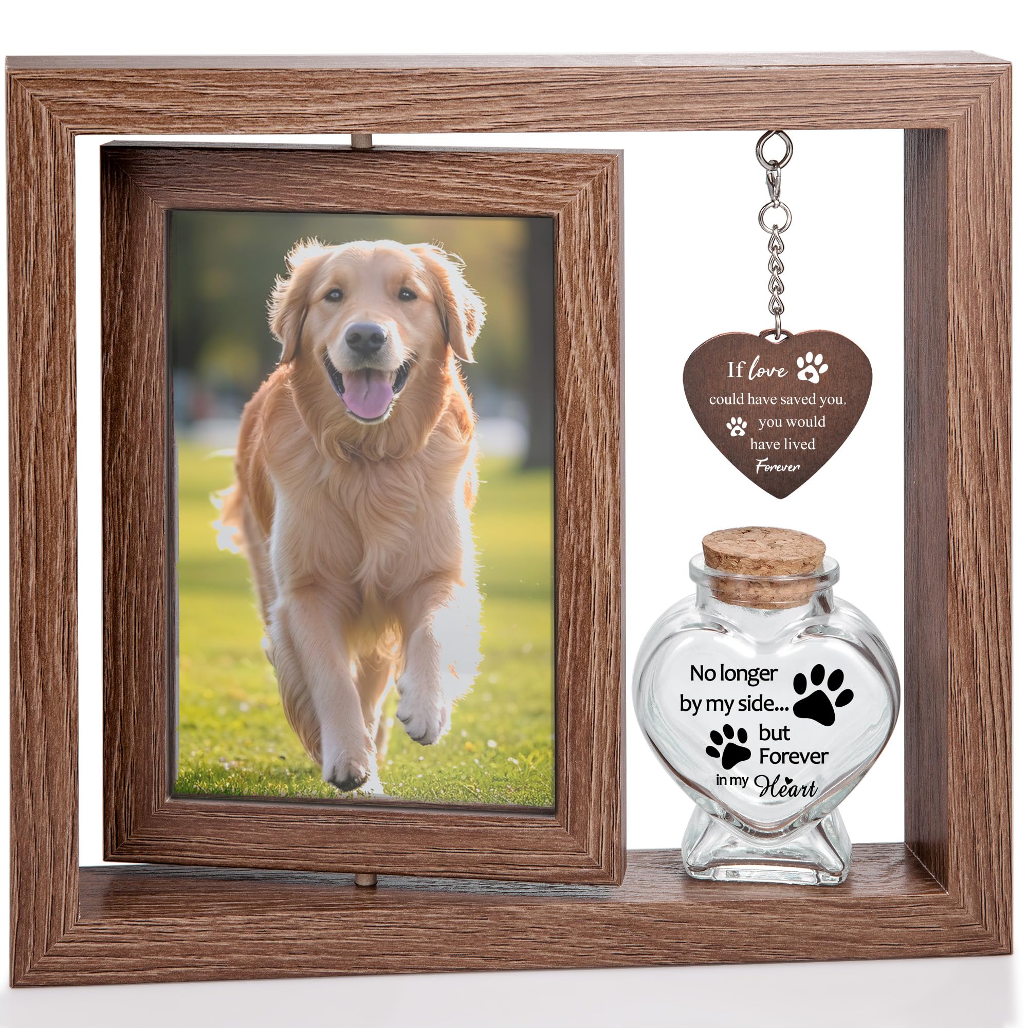 Pet Loss Gift with Memorial Fur Bottle & Rotating Picture Frame - Custom Engraved Memorial Photo Frame for 4x6 Photo, In Loving Memory of Pets Sympathy Gift (Brown)