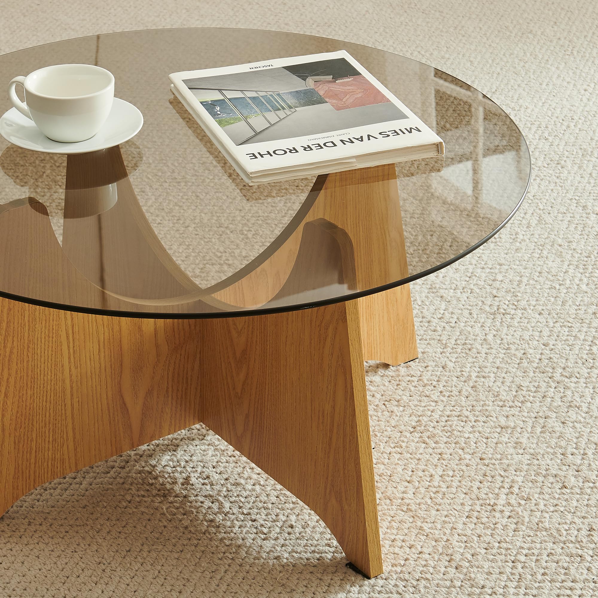 [en.casa] Tavolino da Salotto con Piano Rotondo in Vetro Fumé Temperato Tavolo Basso Centrale da Caffè Ø70 x 35 cm per Soggiorno Living Studio - Effetto Rovere/Grigio Fumo