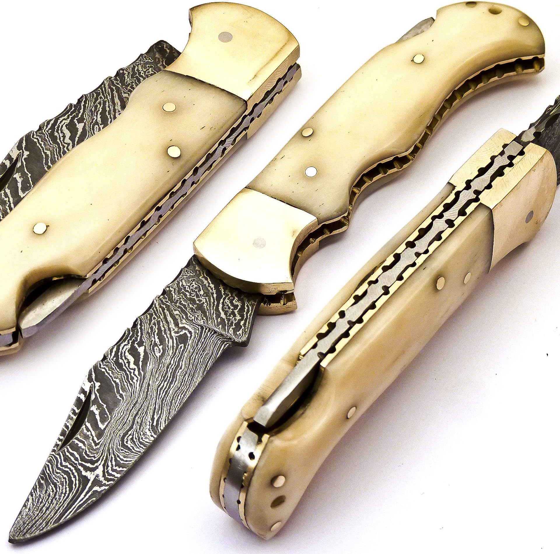 Skokie Knives Custom Hand Made Damascus Steel Hunting Folding Knife Handle Camel Bone