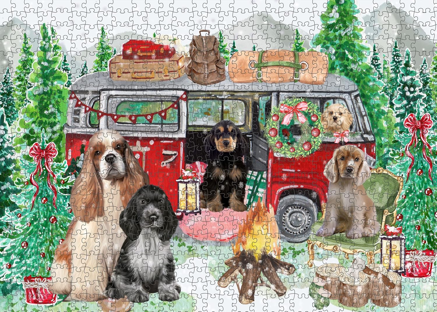 Christmas Time Camping with Cocker Spaniel Dogs Jigsaw Puzzle for Adults - Animal Printed Interlocking Puzzle Game Artwork - Gift for Dog Lover's - 1000 Pcs 29.5"x19.7"