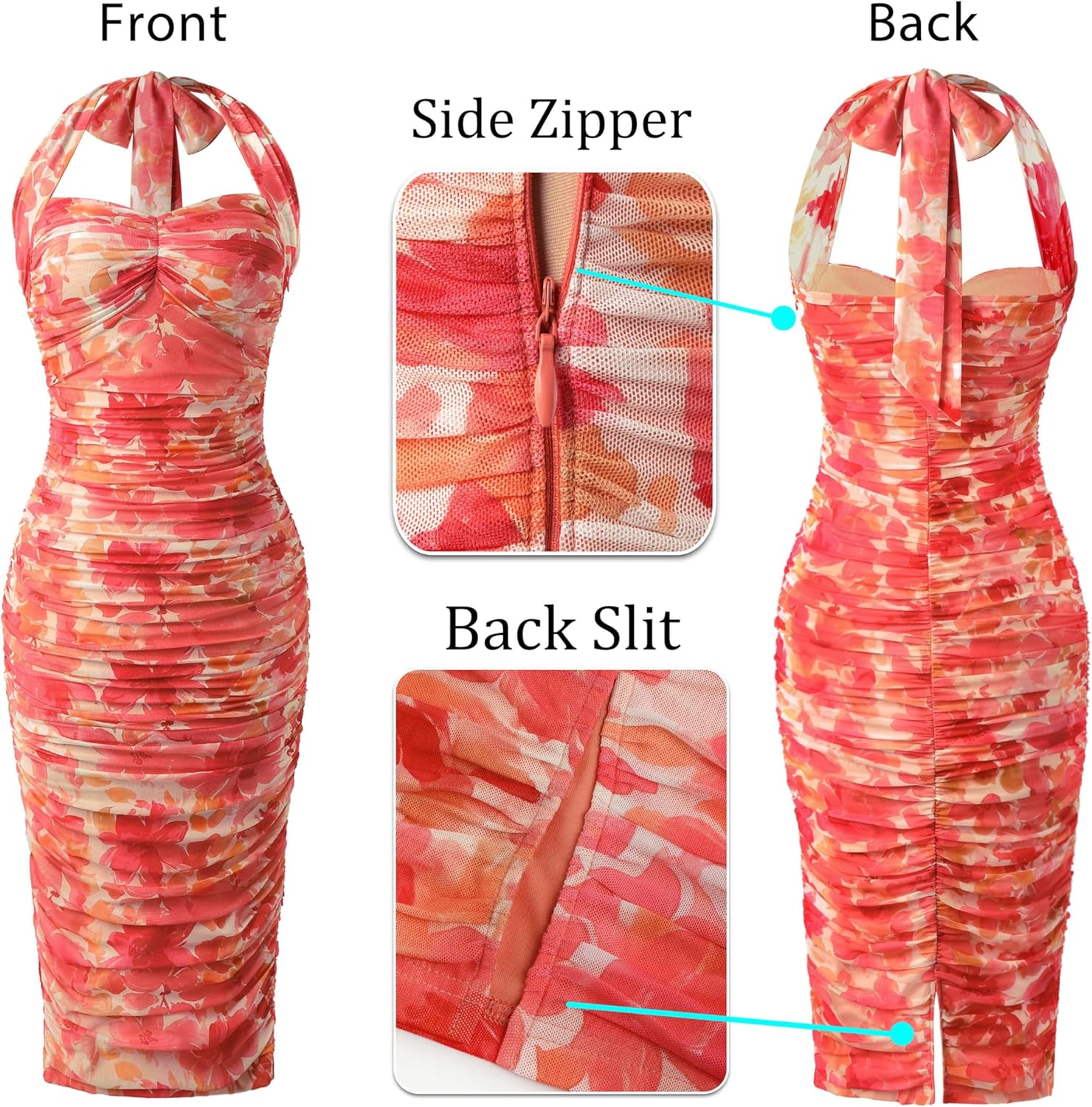 VFSHOW Womens 2025 Halter Off Shoulder Cocktail Ruched Bodycon Midi Dress Sexy Backless Slim Fitted Wedding Guest Dresses