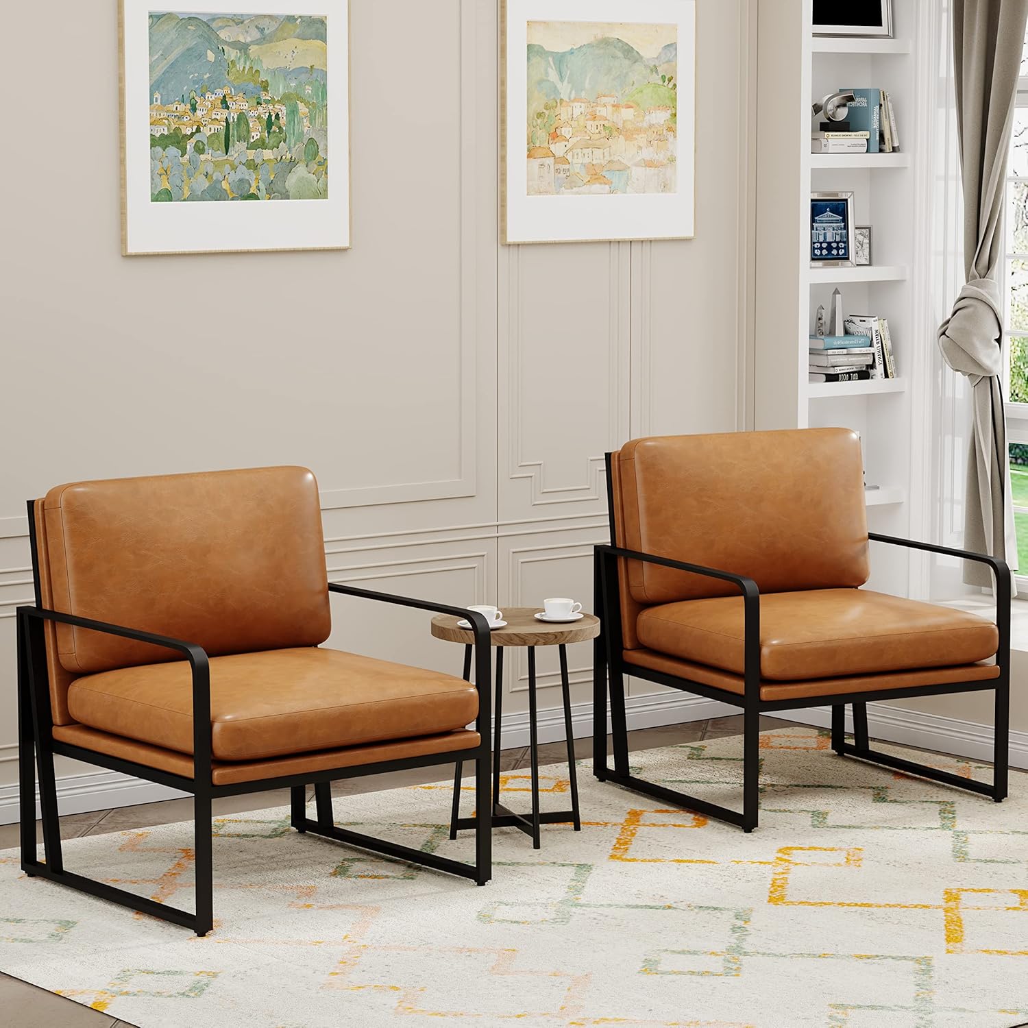 Set of 2 Brown Faux Leather Armchairs with Metal Frame