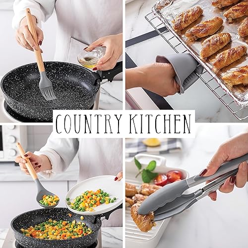 Miniatura 6 de Country Kitchen Juego de utensilios de cocina  Juego de 38 espátulas de silicona antiadherentes con soporte, asas de madera y utensilios resistentes
