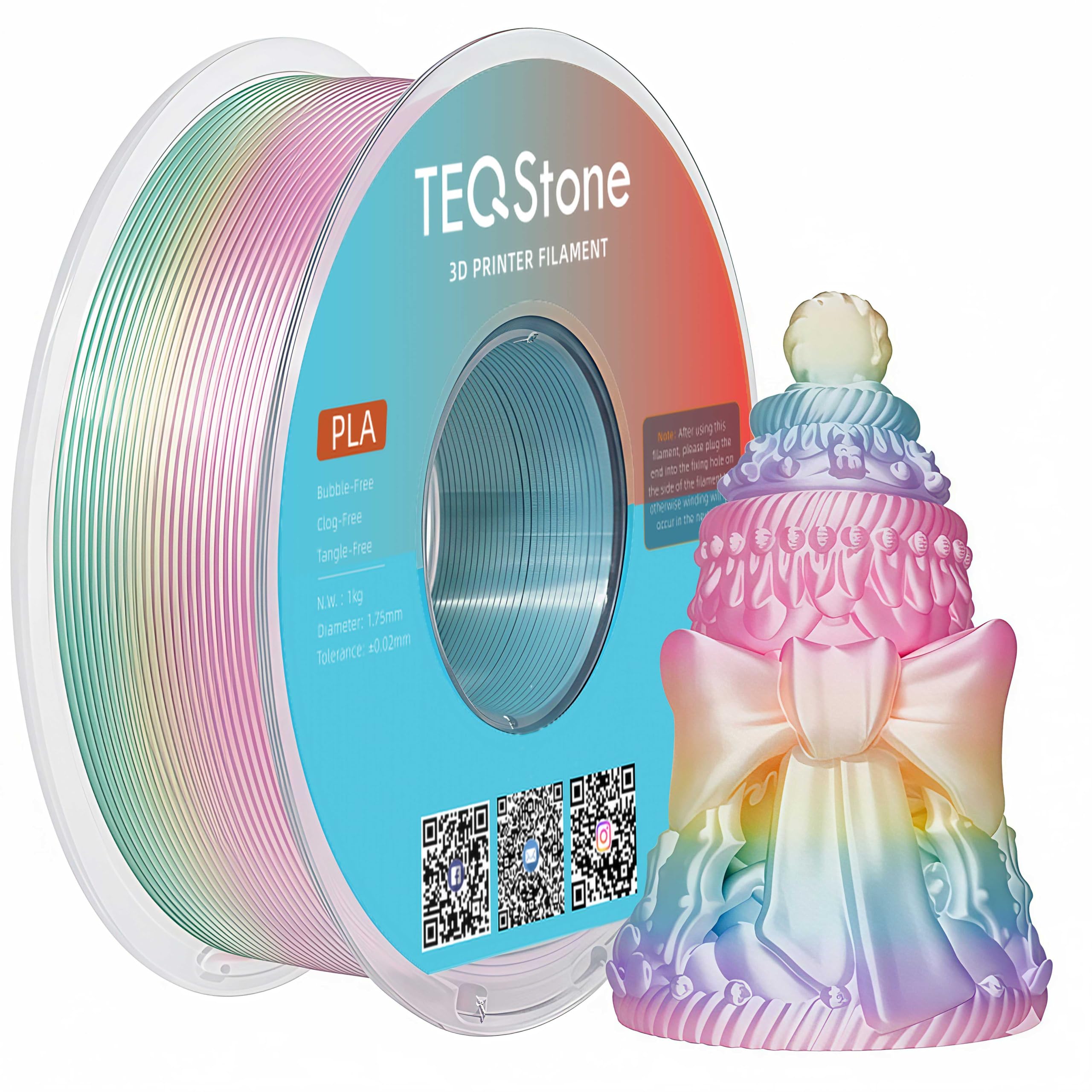 Silk PLA Filament 1.75mm Multicolor (Pastel) 1KG, Shiny High Gloss Finish, Color Changes Per 10-13m, Perfectly Wound, Accuracy +/-0.02mm 3D Printer Filament Vacuum Packaging