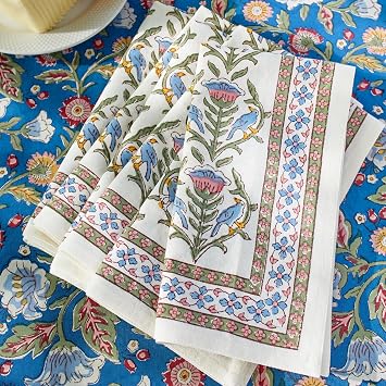 Saffron Marigold 100% White Cotton Dinner Napkins, Set of 6, Hand Printed Enchanted - CP Design, Fair Trade, Washable Cloth Napkins for Parties & Cocktails 20x20 in
